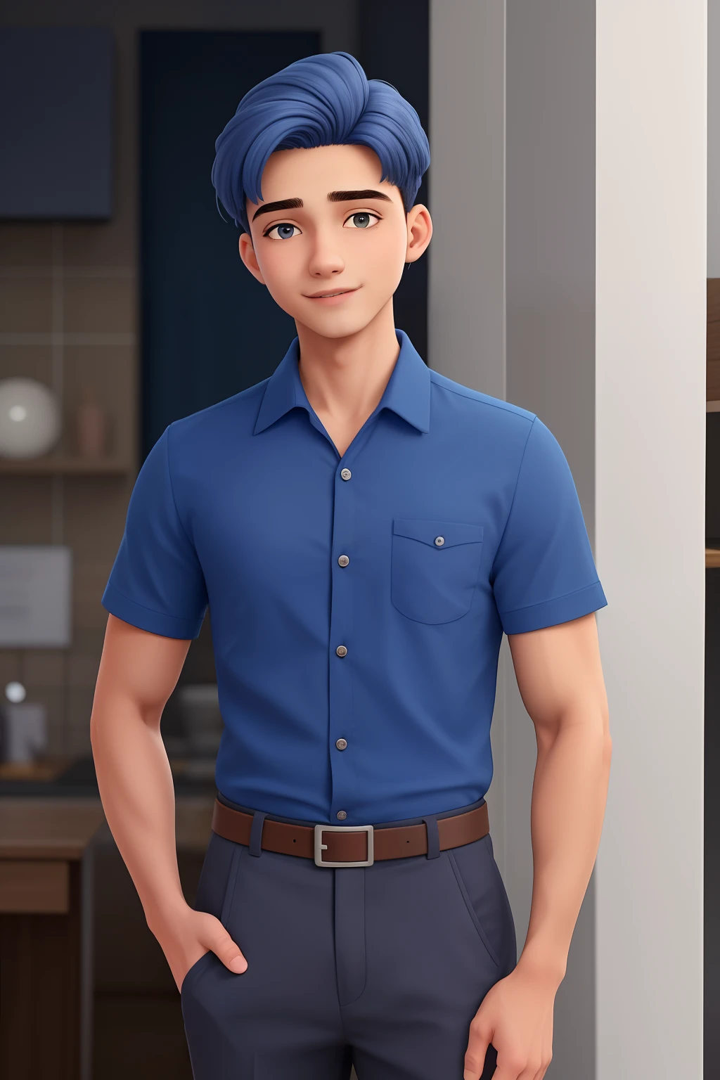 Um homem de 19 anos, com cabelos cacheados curtos, magro, olhar feliz, e olhos pretos, vestindo camisa branca azul.