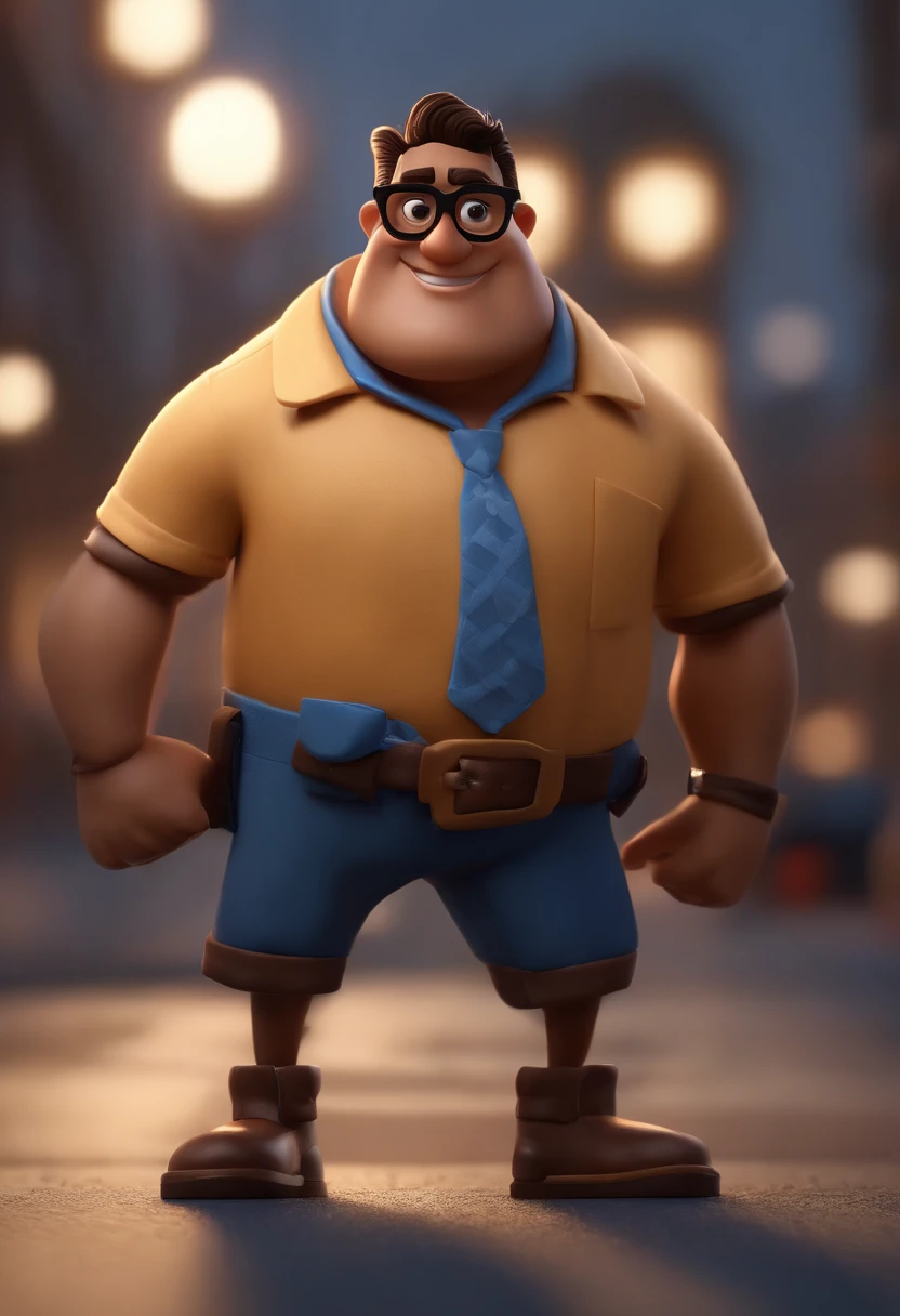 Cartoon character of a man with black glasses, cabelo cacheado marrom escuro e uma camisa azul, animation character, Caractere estilizado, animation style rendering, 3D estilizado, Arnold Maya render, 3 d render stylized, toon render keyshot, Personagem 3D, Personagem 3D, 3d rendering stylized, 3 d character render, personagem de desenho animado, Personagem de close up, Pose de personagem,  (Estilo Pixar) (master part:1.2) (Bokeh) (best quality) (pele detalhada) (textura detalhada) (8k) (argila) (Cinematic lighting) (foco nítido