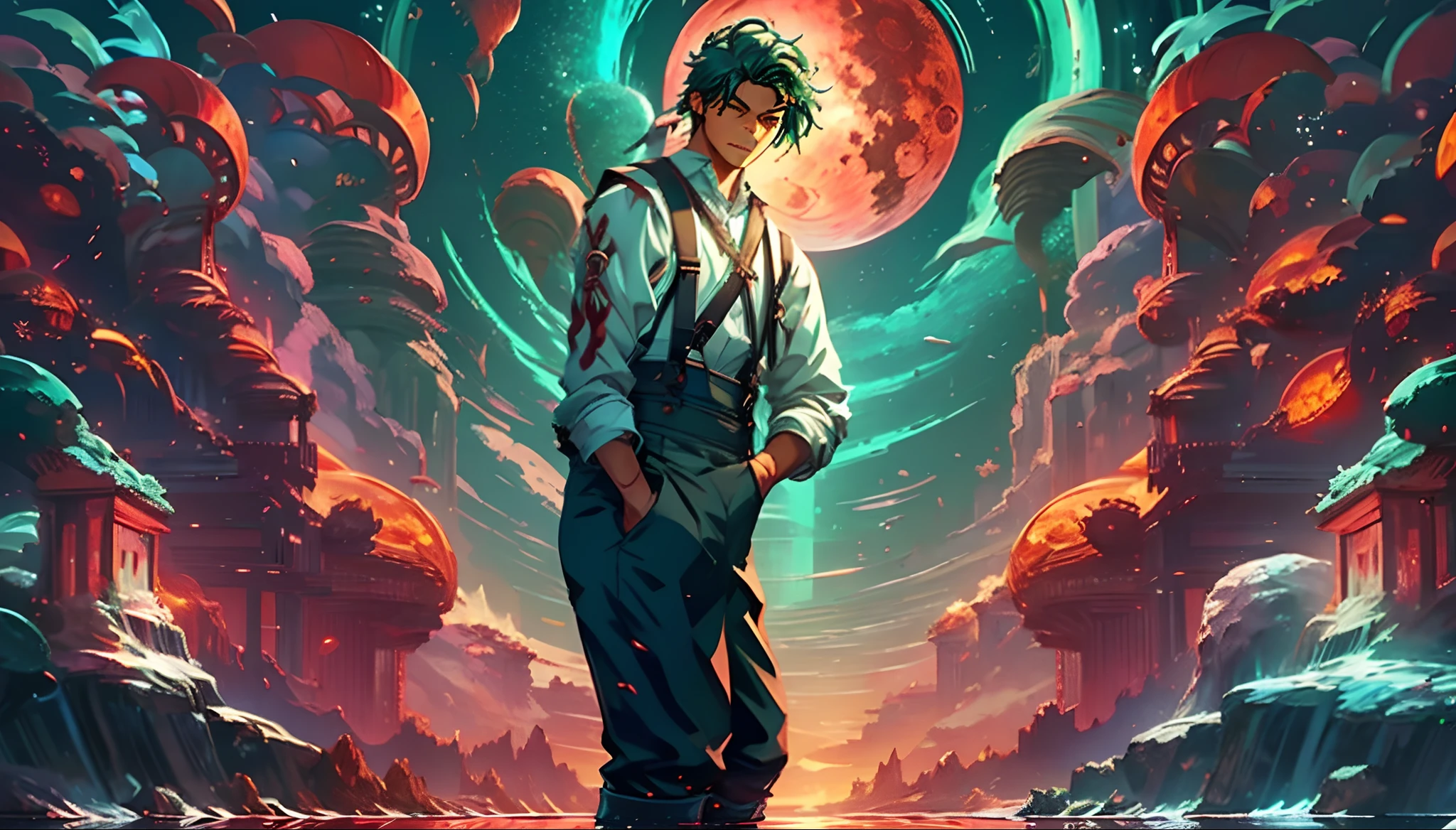 the sea,whales,starrysky,Blood Moon,meteors,Green Northern Lights,middle parted hairstyle,Suspenders,Boy student