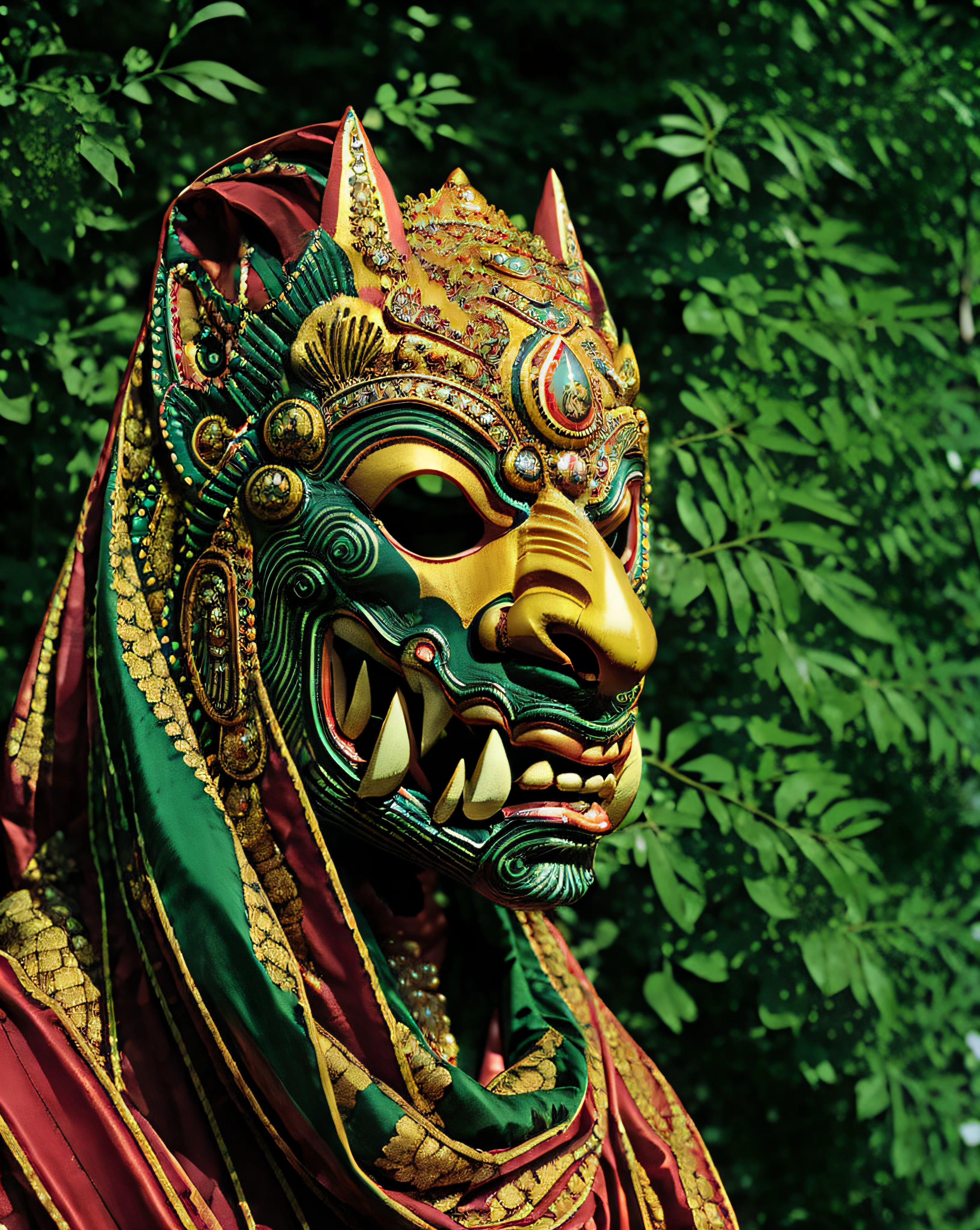 ritual mask ,  a woman in a traditional indian dress and jewelry ,