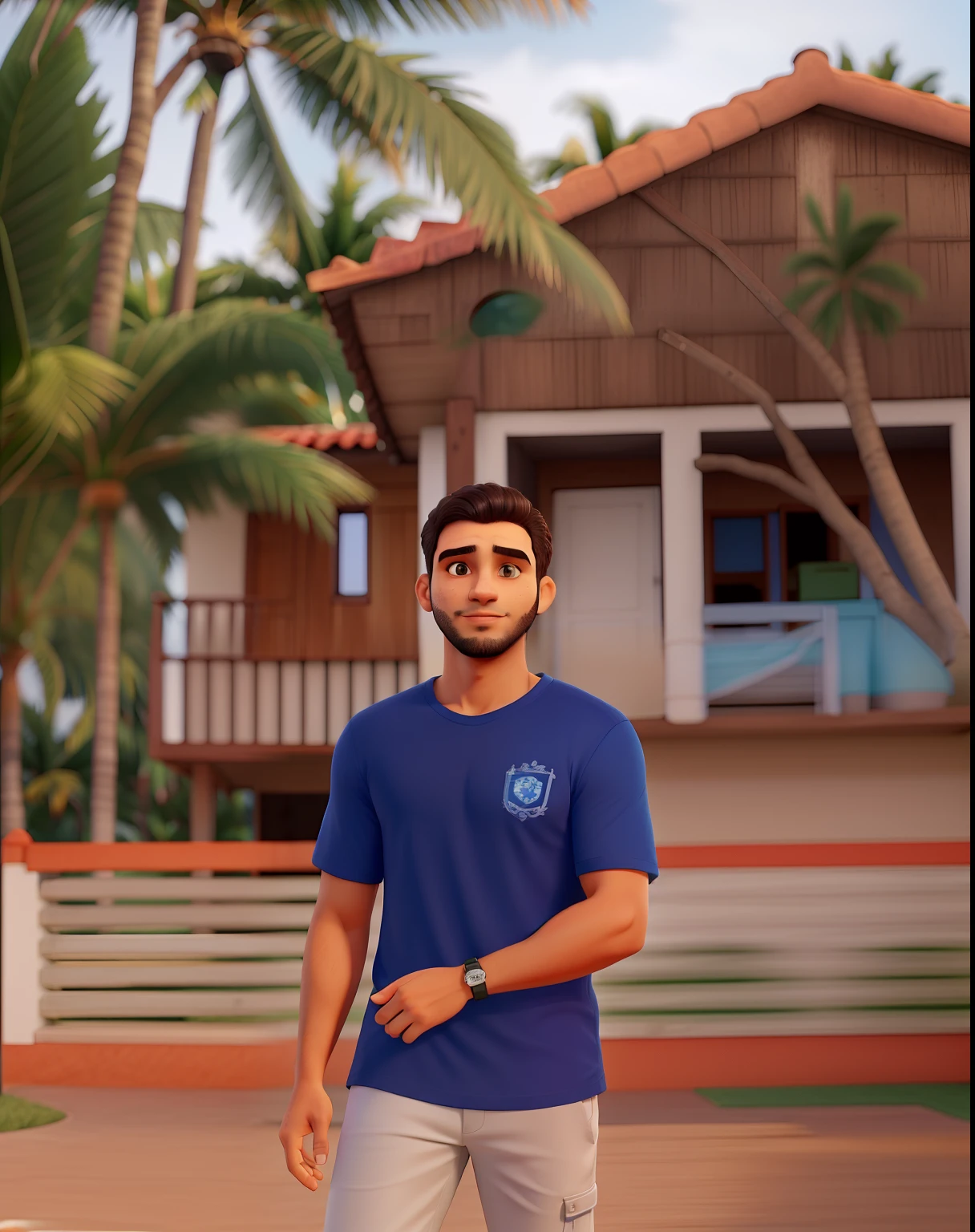 Um rapaz com uma camisa azul marinho, ao fundo uma casa desfocada, ck.o