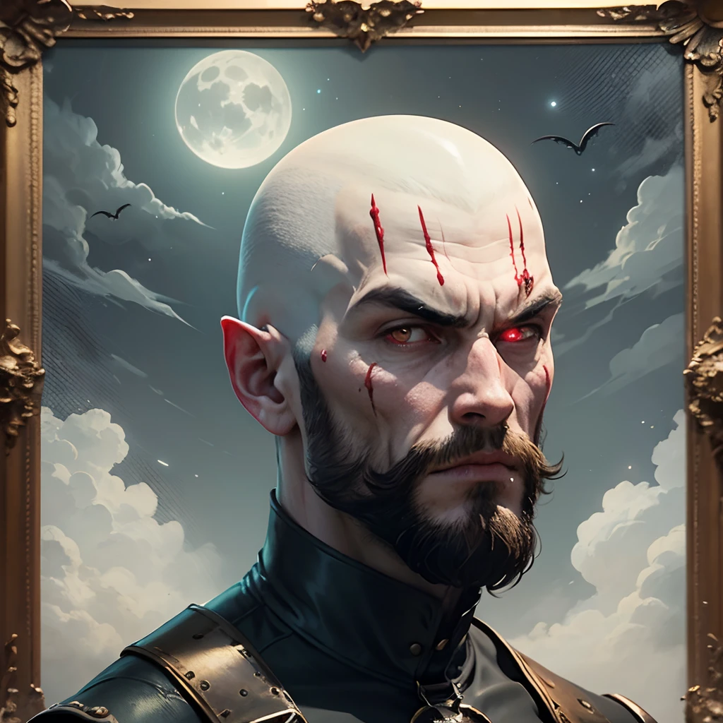 style of the Goya painter. A vampire with a slender frame, his pale skin almost glowing in the moonlight, stands atop a pile of . His shaved head and thick black beard give him a menacing appearance, as he surveys his domain with a cold, calculating gaze. --auto --s2