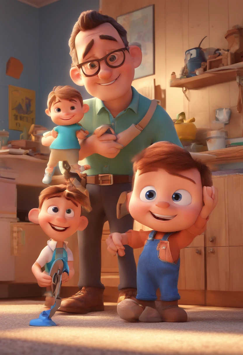Estilo Pixar: The grown man is holding a naked blue-eyed boy and in his other hand he is holding a pair of scissors and is trying to cut off the boy's testicles,3D Poster,Disney