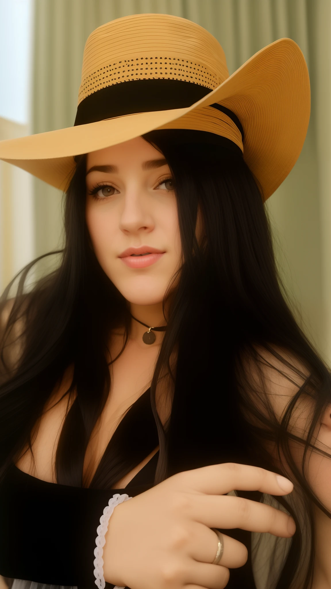 There's a woman wearing a hat and a black dress, taken in the early 2020s, vaqueira, angelawhite, imagem de perfil, Ayahausca, 2 7 anos, 2 3 anos, 2 2 anos, 21 anos, with hat, Mulher de 30 anos de Cuba, 2 8 anos