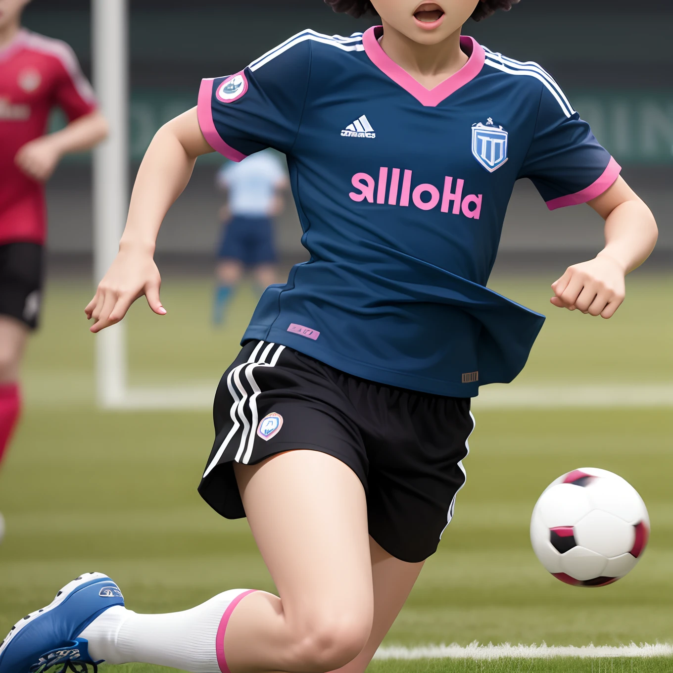Black short hair boy with blue shirt, black shorts, white socks and pink boots kicking a ball