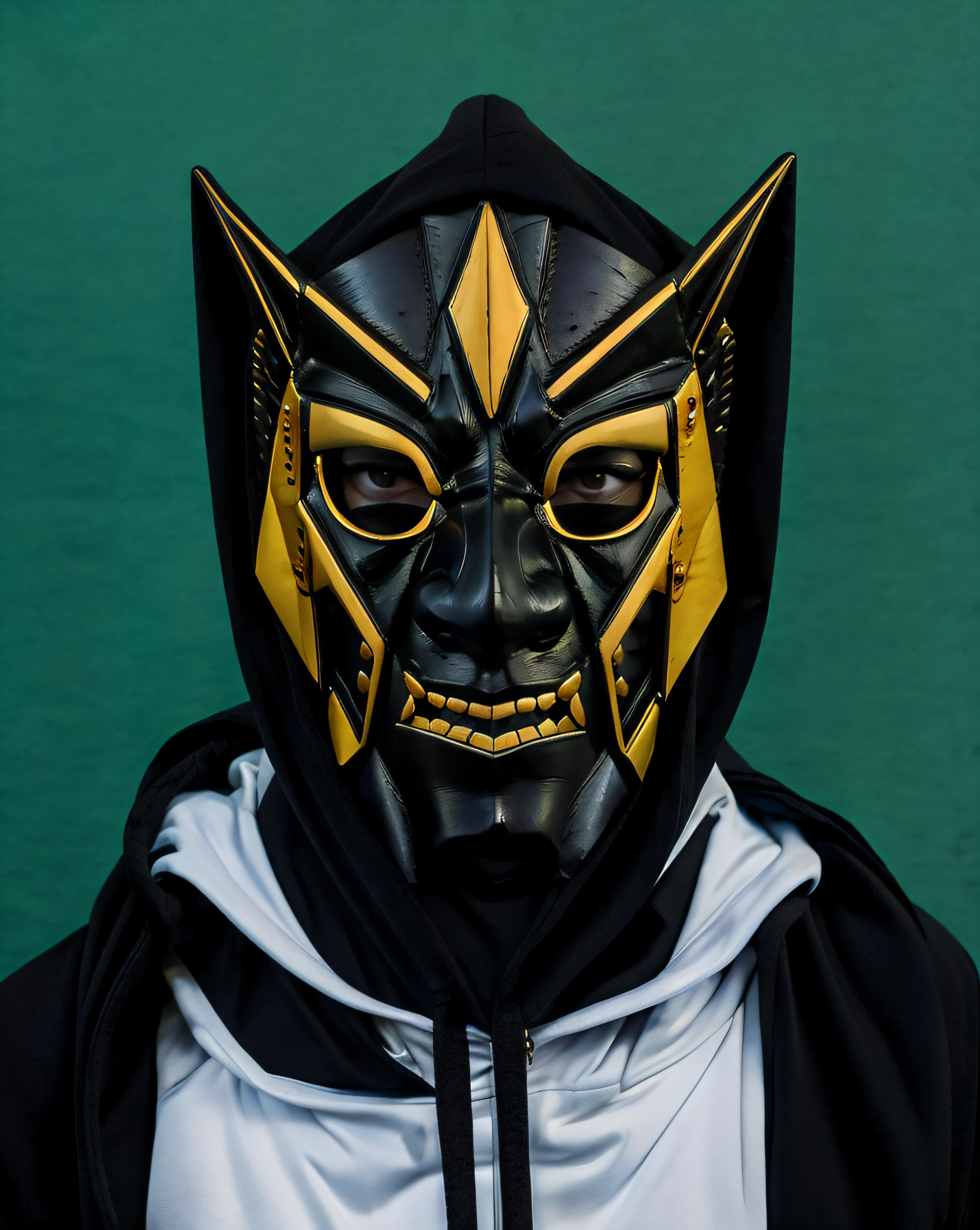 ritual mask , a woman with sunglasses and a hoodie ,