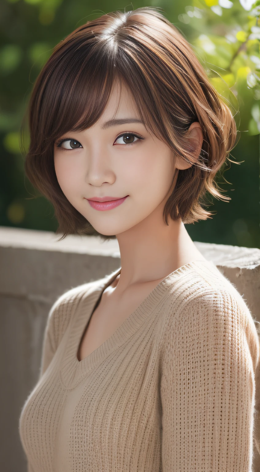 masutepiece, Best Quality, Illustration, Ultra-detailed, finely detail, hight resolution, 8K Wallpaper, Perfect dynamic composition、27 year old cute girl、detailed beautiful faces、detailed cute eyes、Textured skin、Smile of embarrassment、Wavy brown short-cut hair、