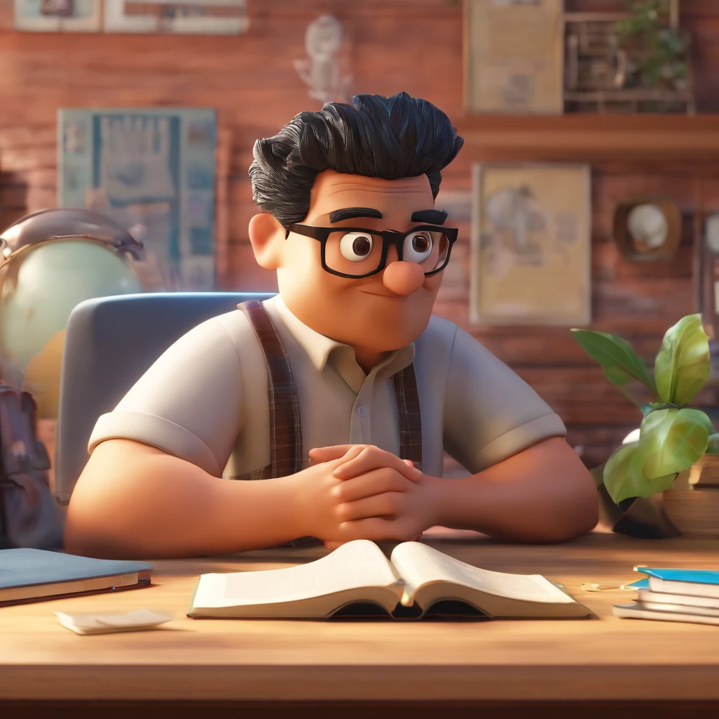 Create a poster inspired by Disney Pixar with the character being Pastor Isaías Costa, A man with black hair wearing glasses, in an office with a Bible on the table