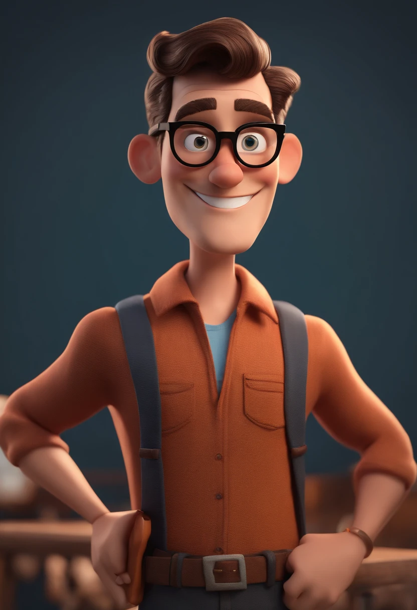 Cartoon character of a man with black glasses and a blue shirt, animation character, Caractere estilizado, animation style rendering, 3D estilizado, Arnold Maya render, 3 d render stylized, toon render keyshot, Personagem 3D, Personagem 3D, 3d rendering stylized, 3 d character render, personagem de desenho animado, Personagem de close up, Pose de personagem,  (Estilo Pixar) (master part:1.2) (Bokeh) (best quality) (pele detalhada) (textura detalhada) (8k) (argila) (Cinematic lighting) (foco nítido