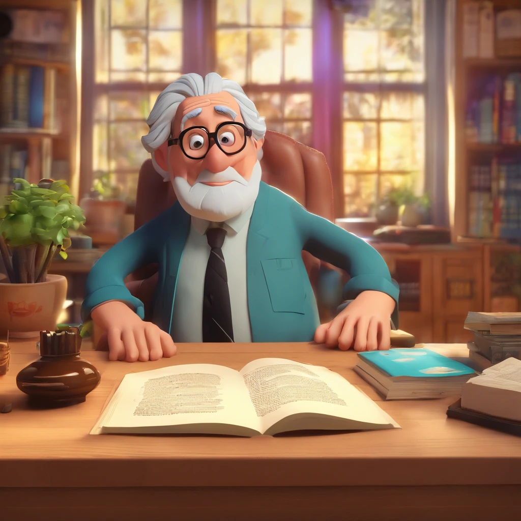 Crie um cartaz inspirado na Disney Pixar com o personagem sendo o pastor Rubens Janier, A gray-haired man wearing glasses, in an office with a Bible on the table