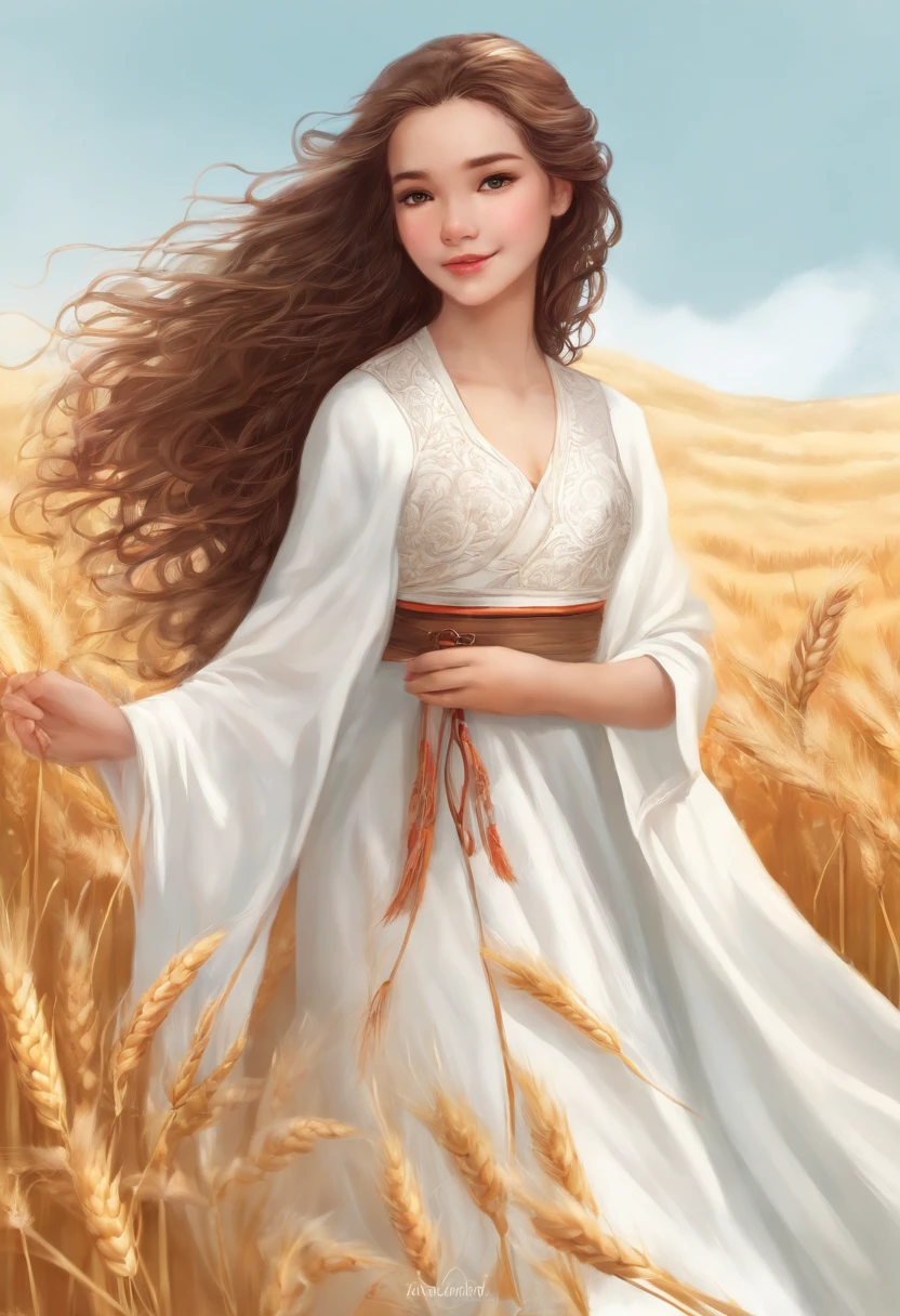 master part, best quality, Ultra Highres, Detailed illustration, retrato, circunstanciado, 1Girl standing in wheat field, sozinho, cabelos longos, vestir, flor, Hanfu branco, sorrir, corpo inteiro, flor branca, bareshoulders, cabelos muito longos, aqua cabelo, boca fechada, Visualizador voltado, franja,