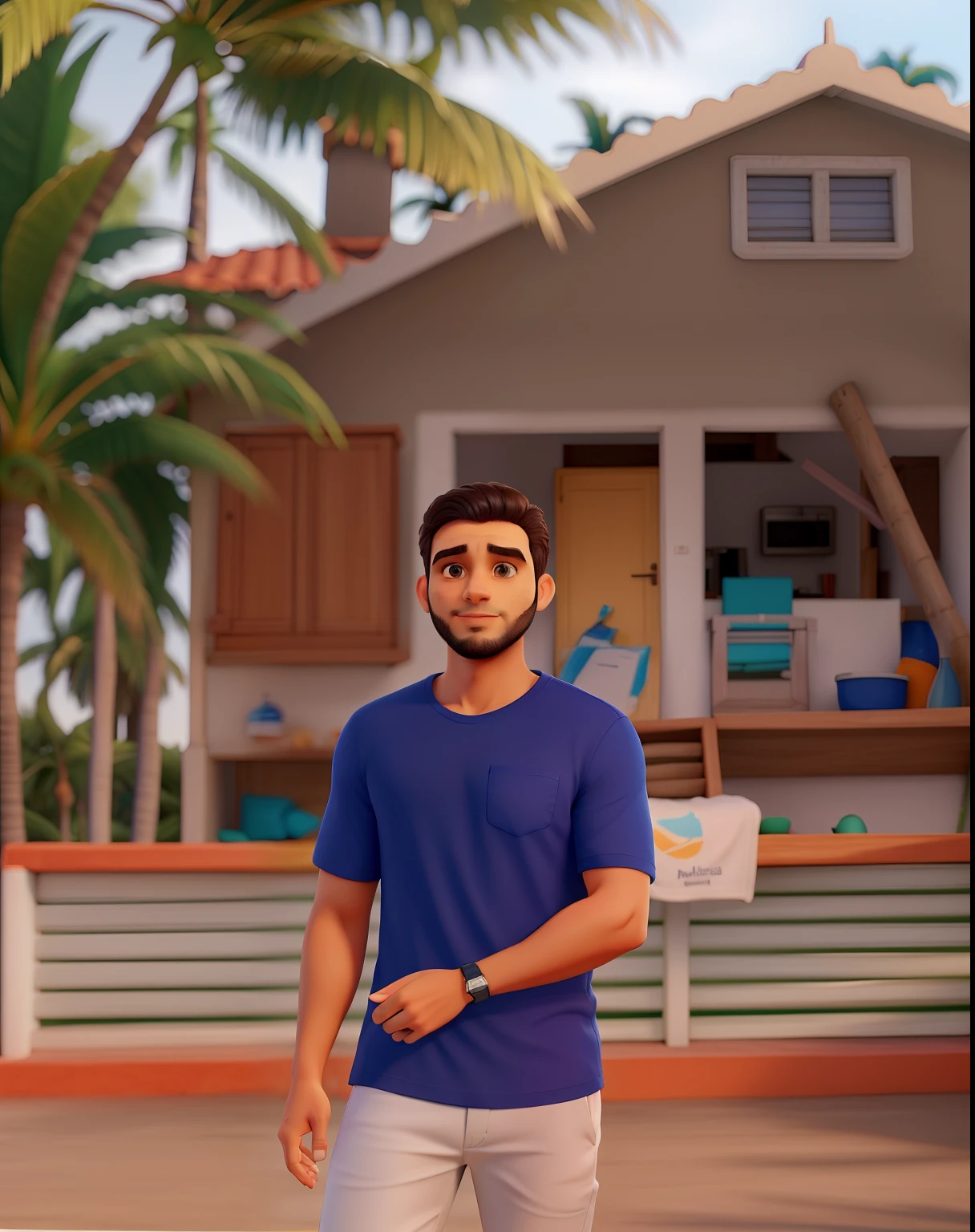 Um rapaz com uma camisa azul marinho, ao fundo uma casa desfocada, ck.o