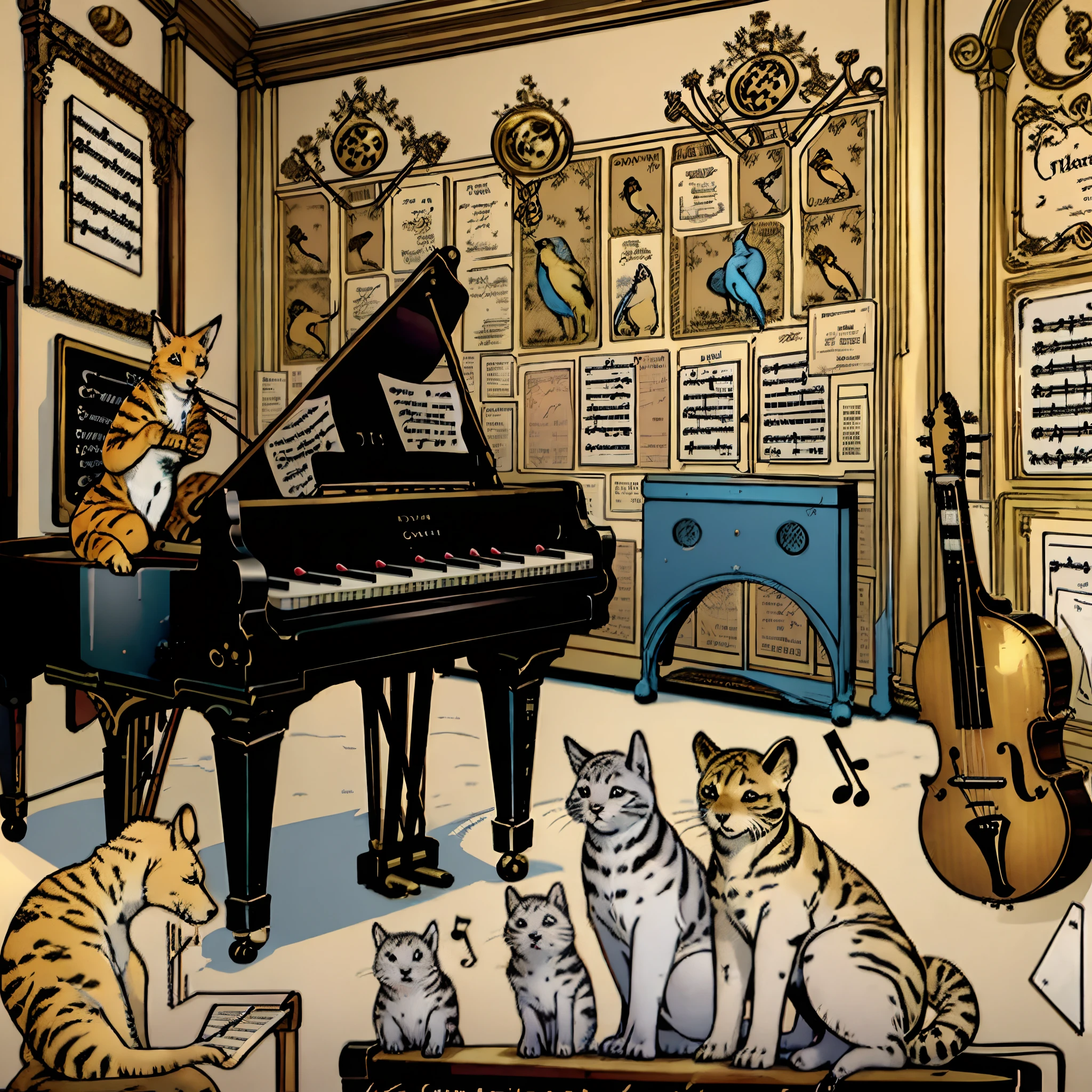 Blonde music teacher in a music room full of instruments with wallpaper with animals playing instrument and teacher playing piano