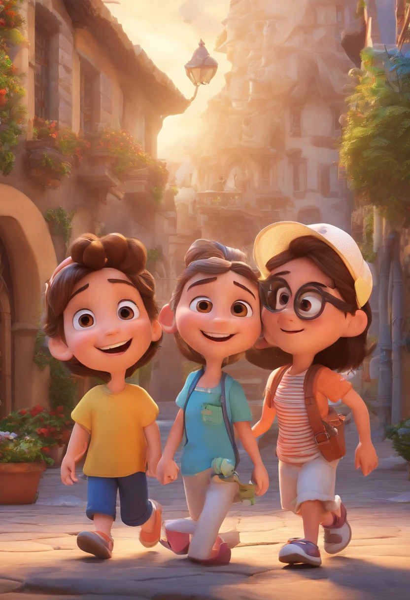 Cartoon of friends having fun on vacation together, 3D Animation Movie Poster, Poster de filme animado, pixar 3 d animation style, pixar renderman rendering, maia 8 mil, animated film, Disney Pixar Estilo 3D, amigos felizes saem juntos, all wearing light blue shirts and cream brown long pants, camisa azul clara, cream brown pants, ao ar livre, vacation, Disney Pixar Animation Poster