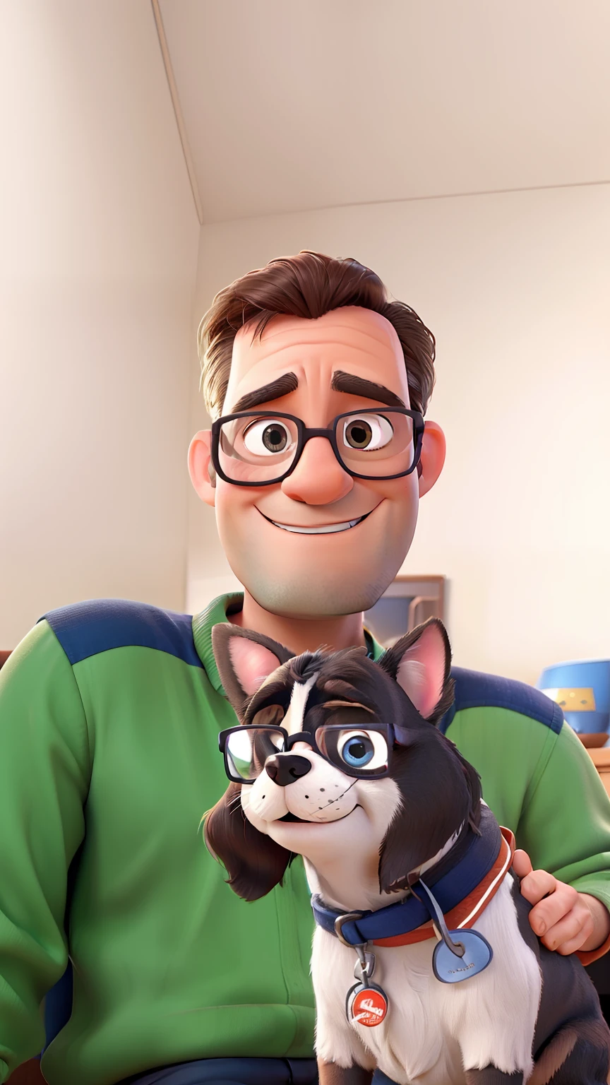 38 year old men with glasses with his little dog in a Pixar style photo