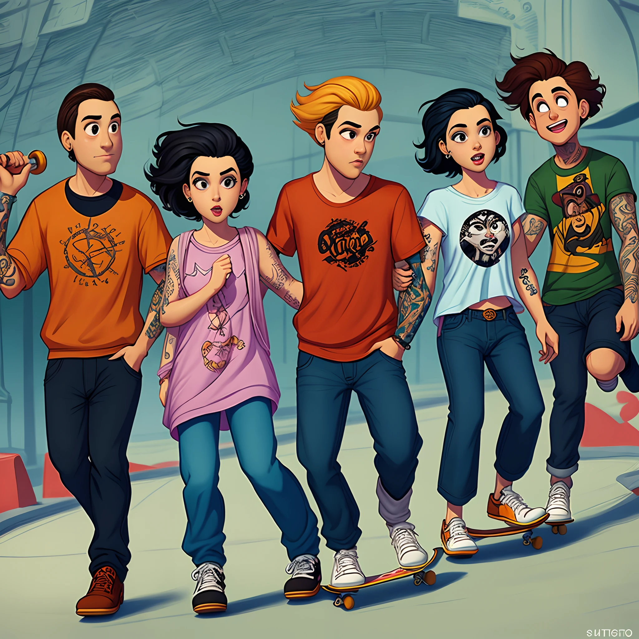 imagem estilo Pixar de uma garota com cabelo masculino curto ondulado preto. Com piercing no septo e alargador. Tattoos on arms and skateboarding
