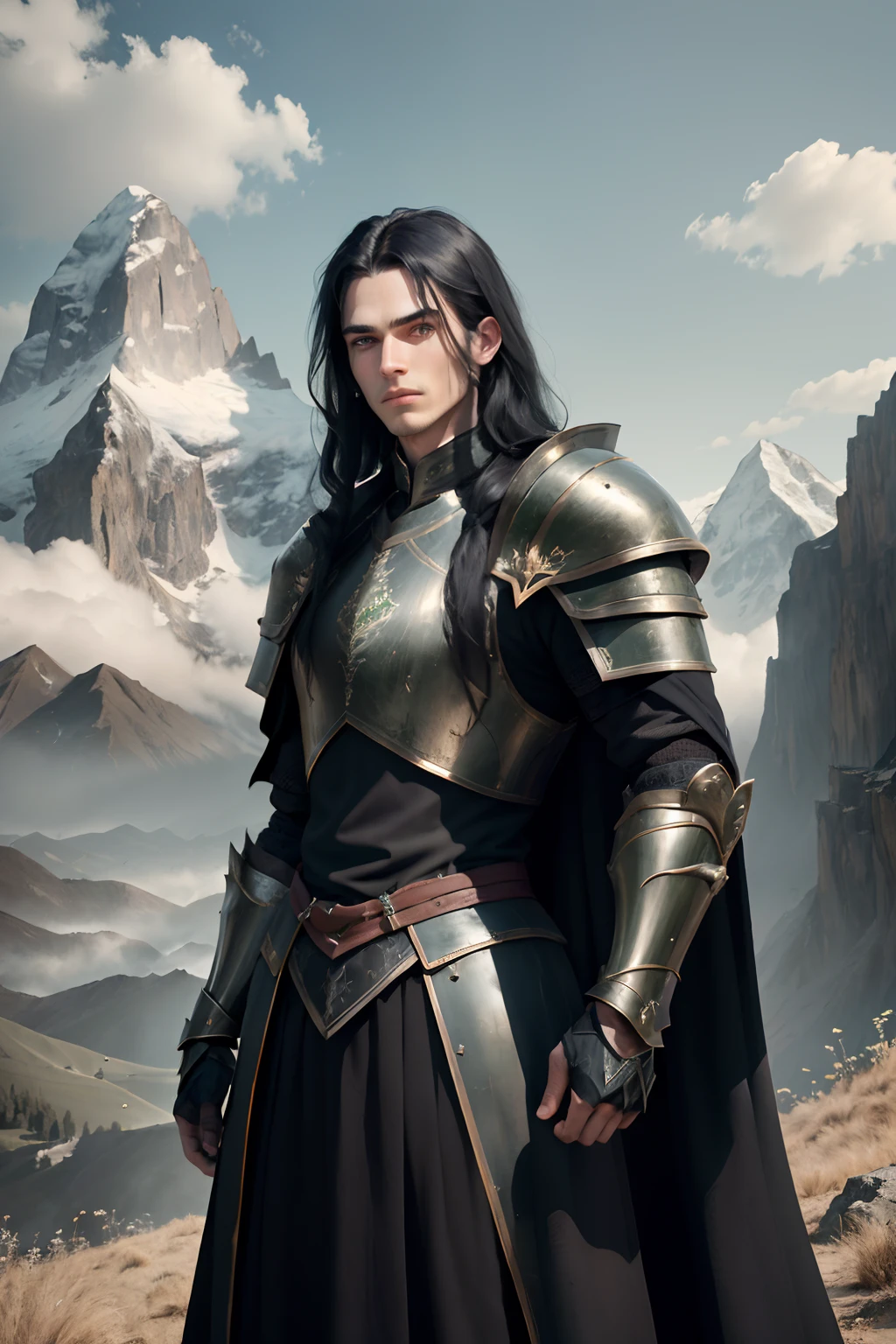 ((masterpiece, best quality)), 1guy, long black hair, black armor, looking at the viewer, mountains, verdant fields, 8k, perfect eyes, perfect hands