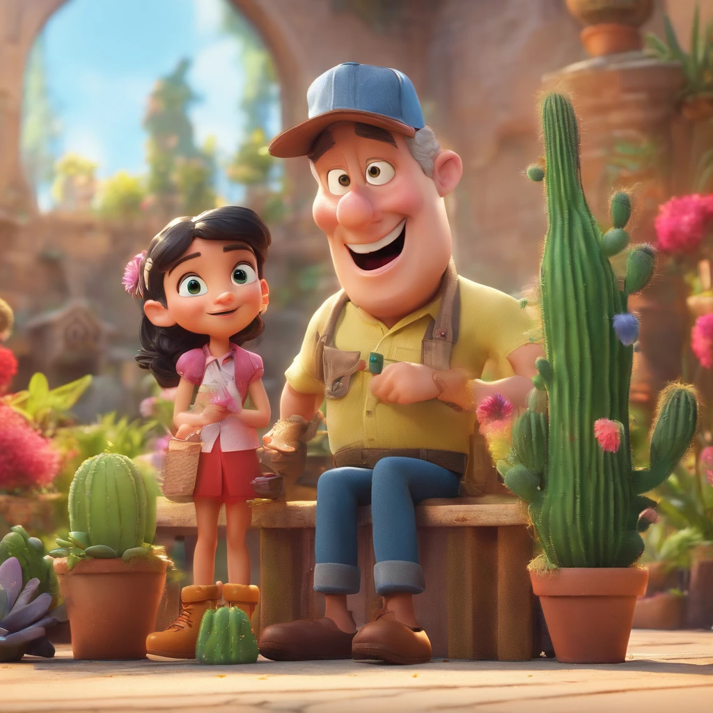 Crie um cartaz inspirado na Disney Pixar com o personagem sendo um casal homem e mulher,em um jardim com muitos cactos e suculentas