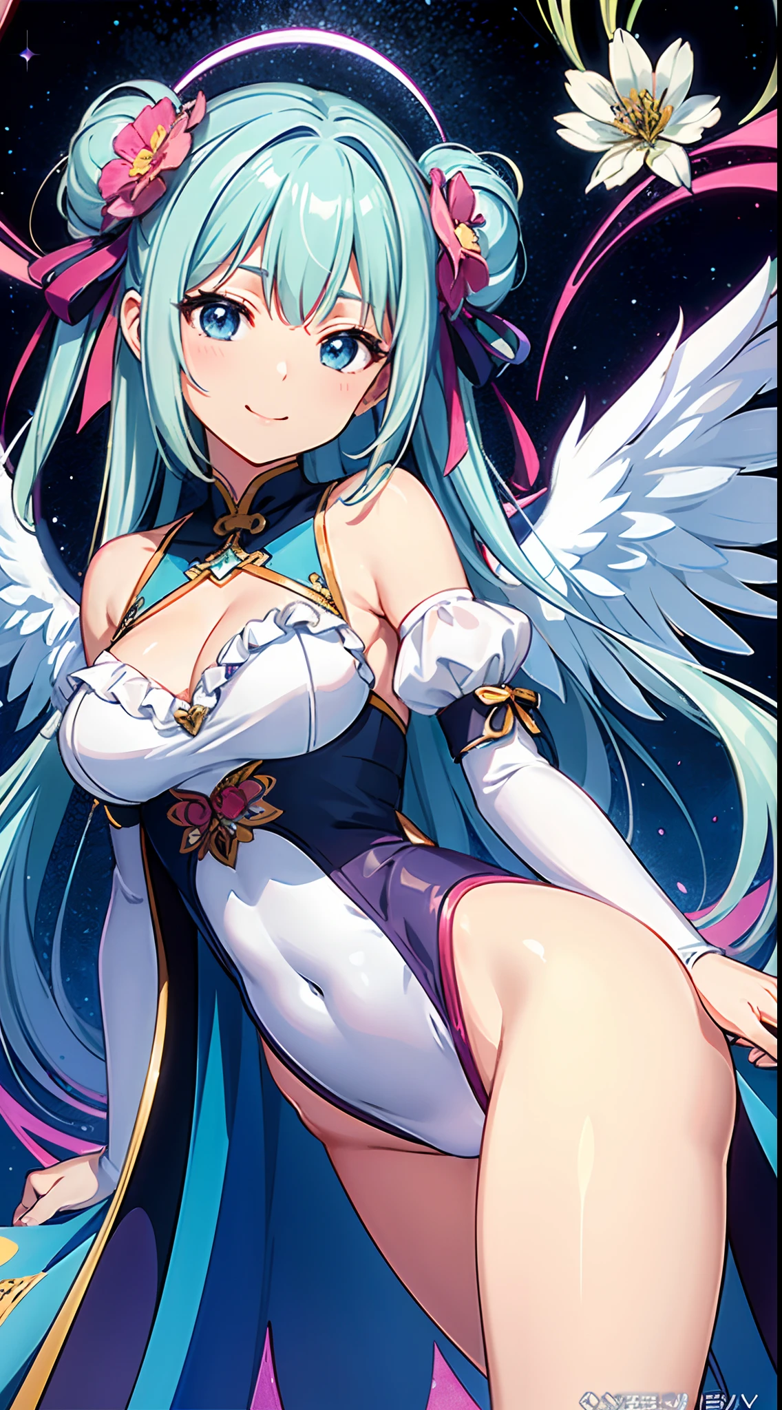 (masterpiece、top-quality、top-quality、Official art、Beautifully Aesthetic:1.2)、(1girl in:1.3)Light blue long hair、Twin-tailed、adorable smiling、ighly detailed、(Fractal Art:1.1)、(colourfull:1.1)(florals:1.3)、highestdetailed、(Zentangle:1.2)、(dynamicposes)、(Abstract background:1.3)、(shinny skin)、(Many colors:1.4)、、(耳Nipple Ring)、(pluma:1.5)、White background、See-Through Phoenix Leotard、Angel wings shining in seven colors、1 kawaii girl、adorable smiling、Twin tails with long light blue hair、Colorful leotards in ta style with ruffles、A blizzard of fluttering flowers(Some photos)、((top-quality))、((masterpiece))、(ighly detailed、highestdetailed、Official art、Beautifully Aesthetic:1.2)