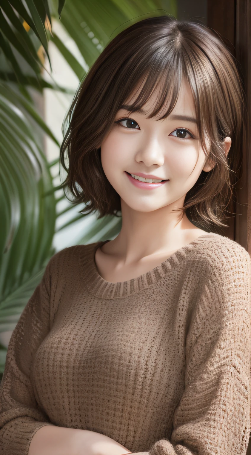 masutepiece, Best Quality, Illustration, Ultra-detailed, finely detail, hight resolution, 8K Wallpaper, Perfect dynamic composition、27 year old cute girl、detailed beautiful faces、detailed cute eyes、Textured skin、Smile of embarrassment、Wavy brown short-cut hair、