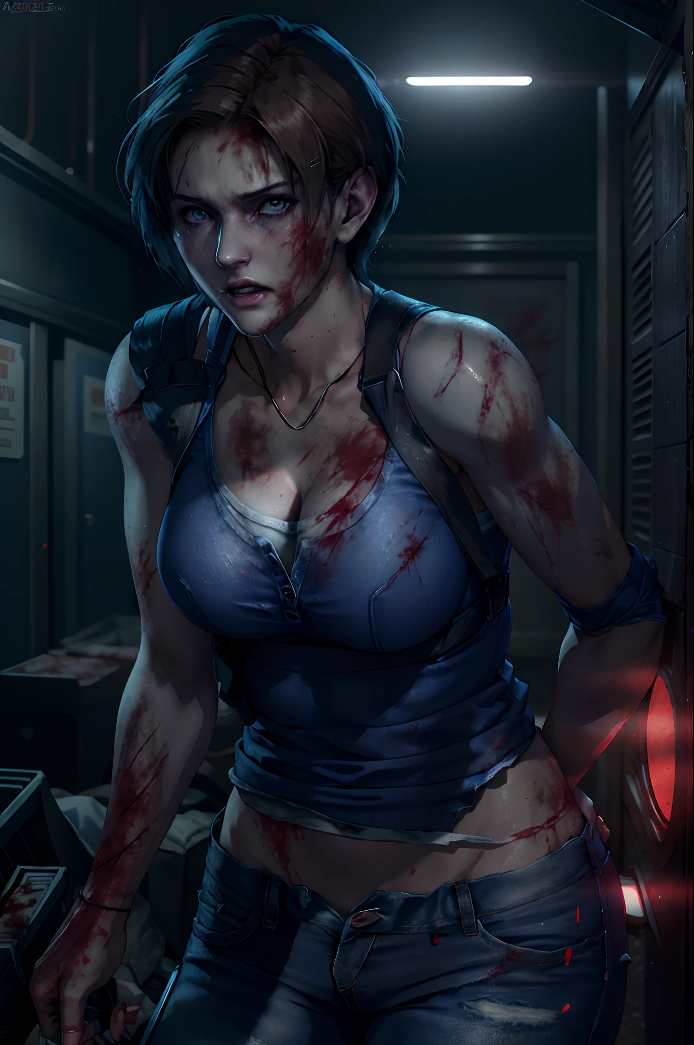 jill valentine, bitting wound on skin, blood alover body,short hair, blue top, jean pant, resident evil, zombie apocalypse background, background with red alert light effect