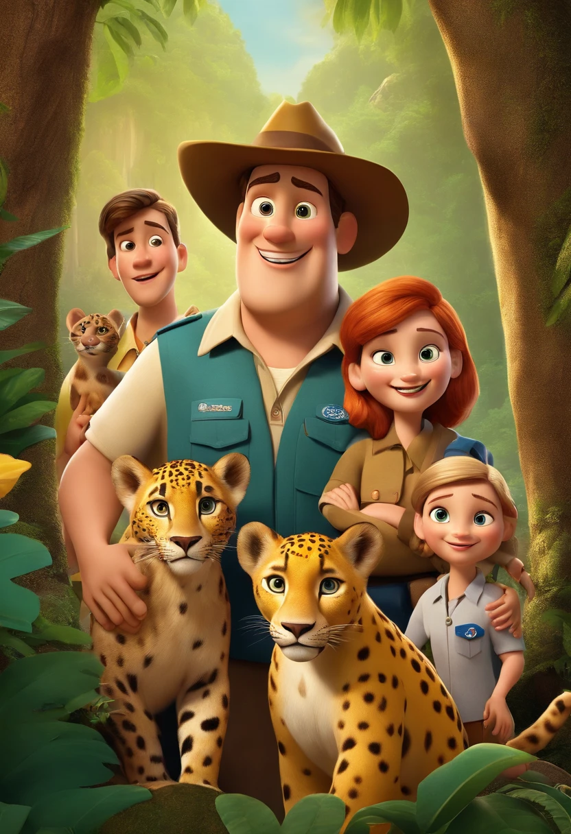 a Disney Pixar movie poster showing a white-skinned family, all with scarf in yellow color with crimp near Boy Scout , Chubby dad in a hat, chubby mother, uma filha loira e magra, and another chubby blonde daughter with a pet jaguar in a forest with a waterfall in the background, in the footer it reads TROPA JAGUAR. 3D-rendering