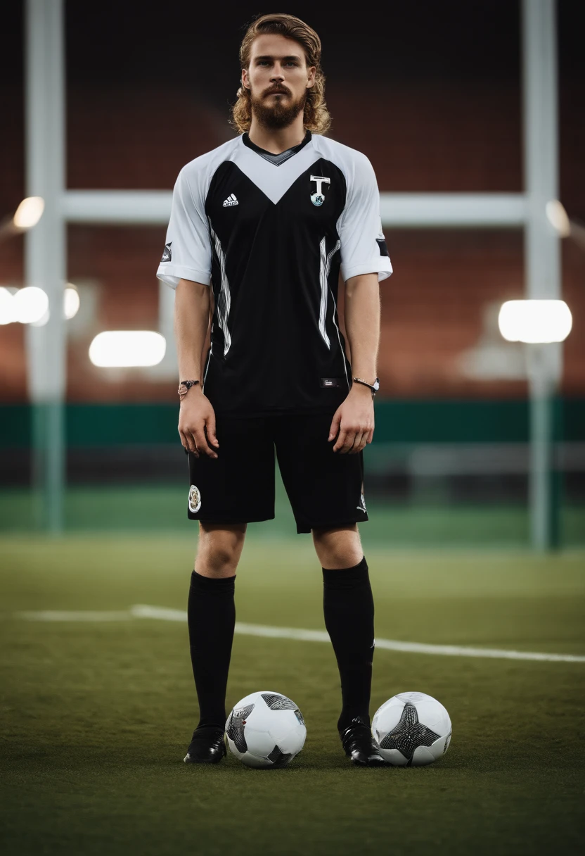 20 year old white man on a soccer field with black cleats, black socks and white shirt with a big black cross all over shirt, low hair and goatee holding a trophy and in the other hand showing jewelry