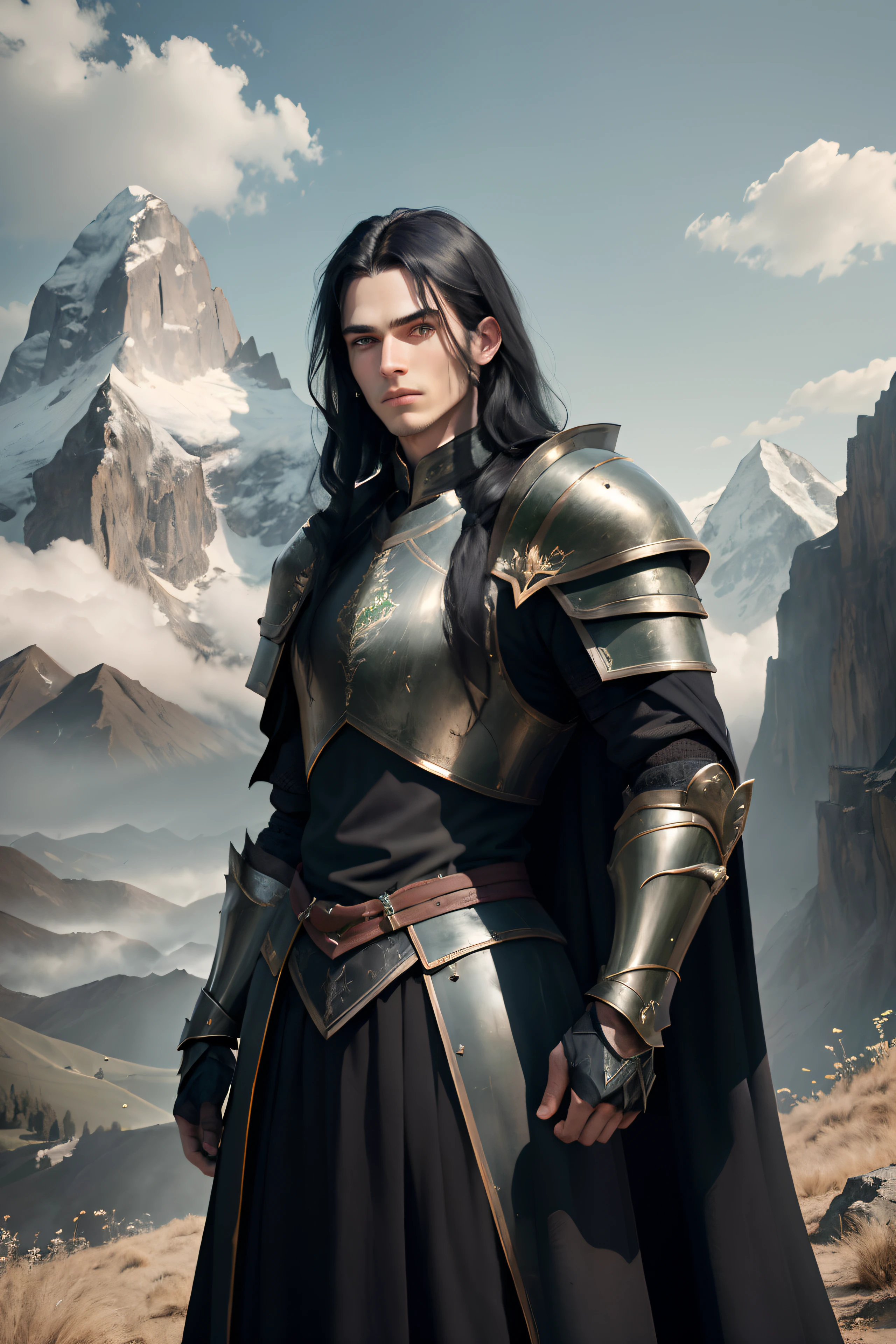 ((masterpiece, best quality)), 1guy, long black hair, black armor, looking at the viewer, mountains, verdant fields, 8k, perfect eyes, perfect hands