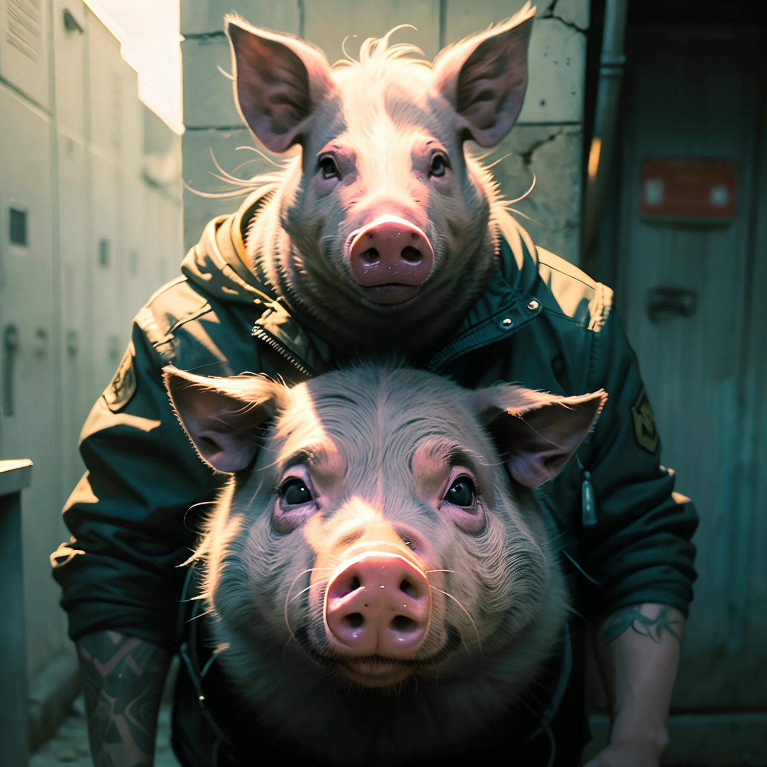 foto de uma parede escura,pig, Grafite Urbano , Cinematic light, (master part:1.3), (intrincado:1), best quality