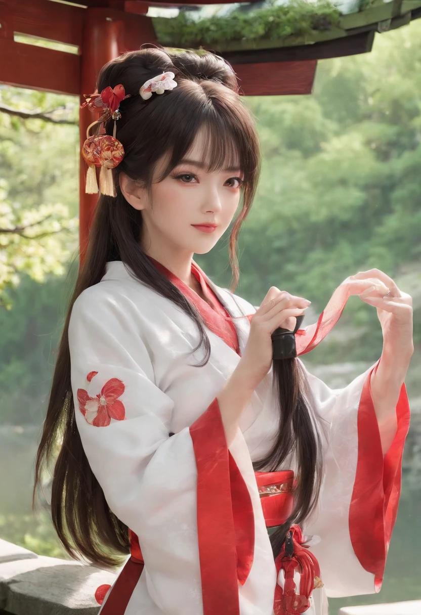 masterpiece、top-quality、in 8K、Raw photo、(Photorealsitic: 1.4)、ultra-detailliert、hight resolution、finely detail、独奏、(1womanl:1.4)、poneyTail、(real looking skin:1.2)、Beautuful Women、Perfect figure、extremely detailed eye and face、Super dense and beautiful eyes、A smile:1.4、shrine maiden clothe、shrines、torii gate