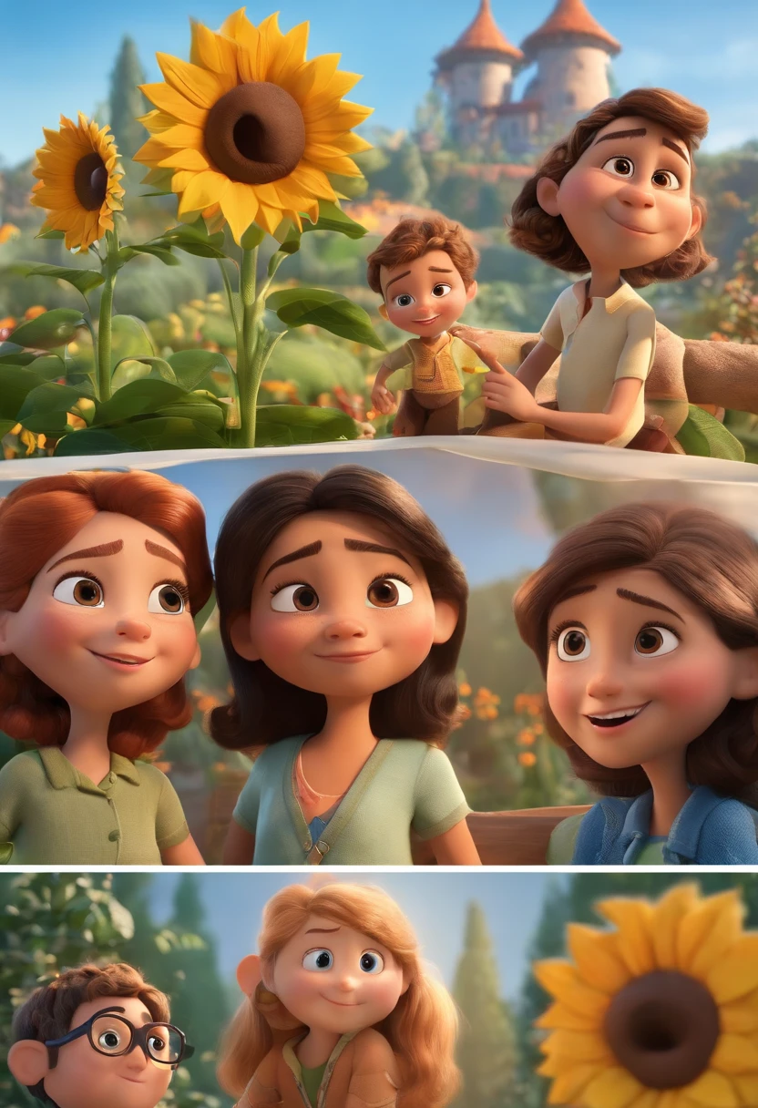 Create a Disney PIXAR-style 3D poster. ((Two )), ((2 children)) They're hugging each other, 1 menina tem pele castanha e cabelos castanhos escuros e olhos castanhos escuros, cabelos ondulados e longos 1 menina tem pele clara, olhos e cabelos escuros e cacheados, 1 mulher de pele morena, Dark eyes wearing glasses and darks, Cabelos lisos)) 1 homem de pele clara, alto e magro, cabelos escuro e olhos castanhos ((tudo isso no estilo Disney PIXAR 3D, In the background, A house of sunflowers, Gloria Studio, The garden is full of nature 3D render RTX clay material, estilo de design cartunesco, POP Mart, soft lighting, linhas suaves, Spring tilt, Detailed illustrations of PIXAR 3D, Detalhes hiper-realistas, cor quente no estilo Disney PIXAR 3D))