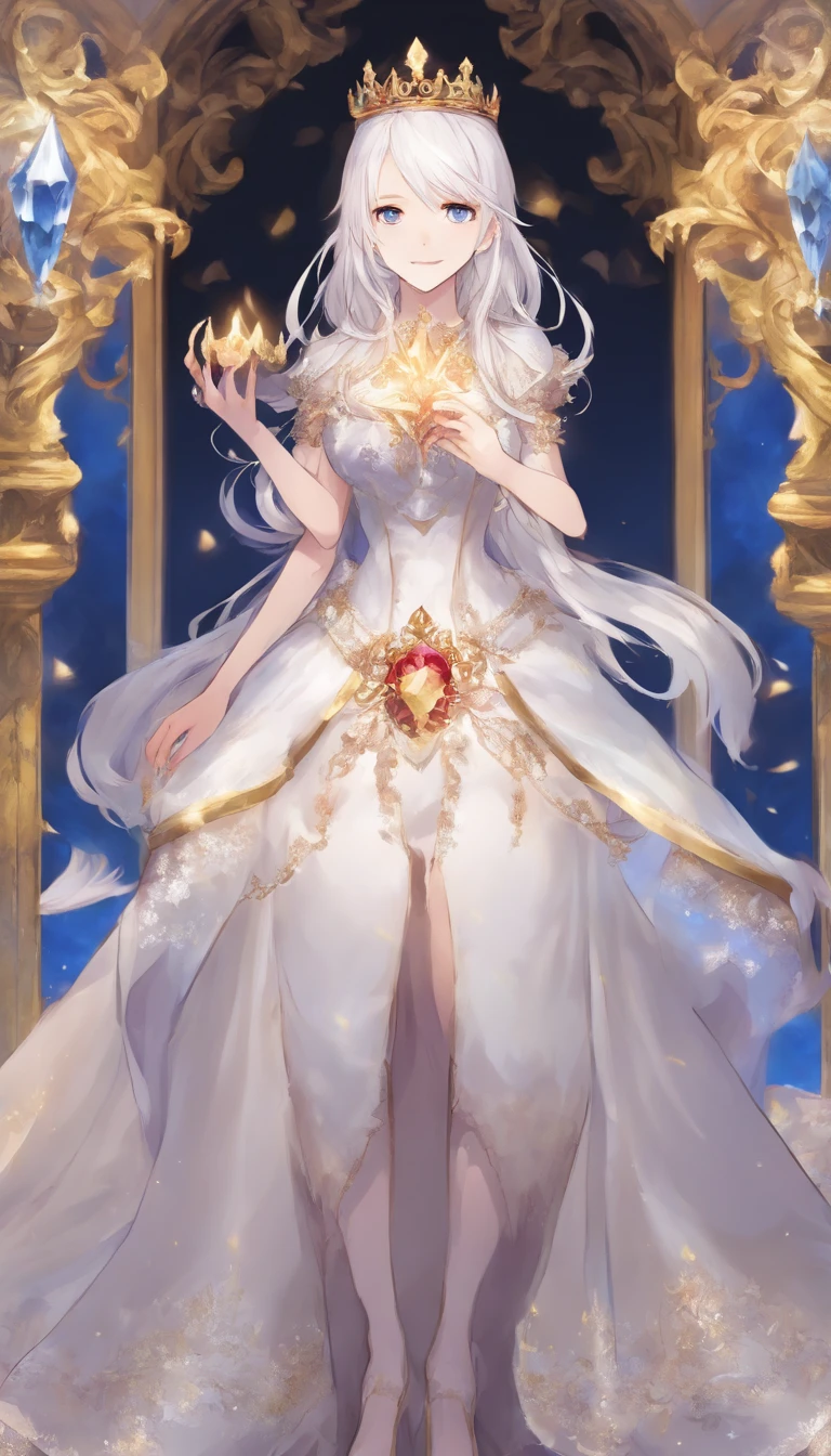 solo, 1girl, (masterpiece), ((20 year old appearance)), adult white hair, short hair, white eyes, anime girl, small Golden crown with a ruby in the middle, Blue dress, Throne of ice