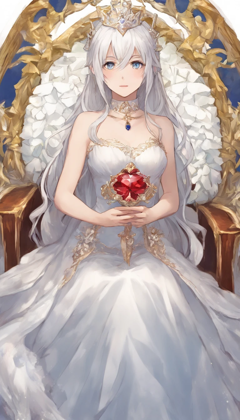 solo, 1girl, (masterpiece), ((20 year old appearance)), adult white hair, short hair, white eyes, anime girl, small Golden crown with a ruby ​​in the middle, Blue dress, Throne of ice