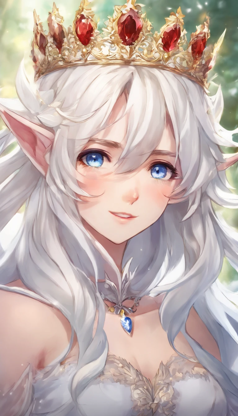 solo, 1girl, (masterpiece), ((20 year old appearance)), adult white hair, short hair, white eyes, anime girl, small Golden crown with a ruby ​​in the middle, Blue dress, Throne of ice