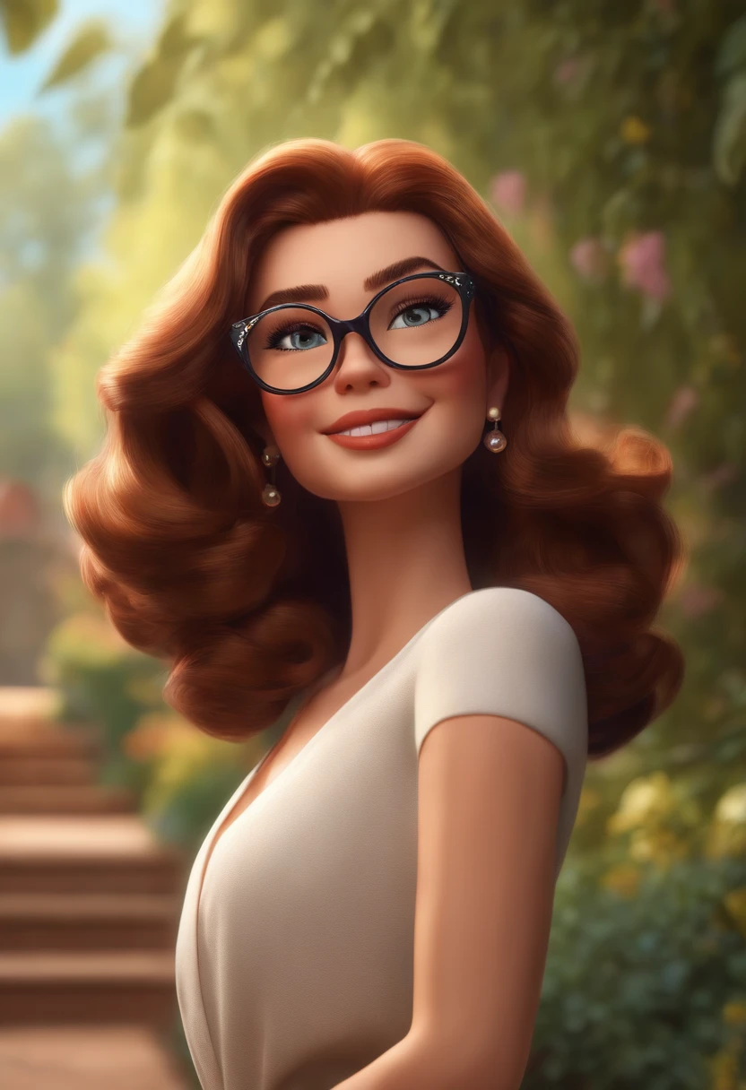 "(best quality,ultra-detalhado,Realistic:1.37),3D rendering,illustration,design de personagens,cabelos curtos e cacheados escuros,belos olhos detalhados,wearing white glasses,Estilo Pixar,morena mulher,Dancing on the Disney stage,atmosfera animada,vivid colors,luzes de palco,expression joyful"