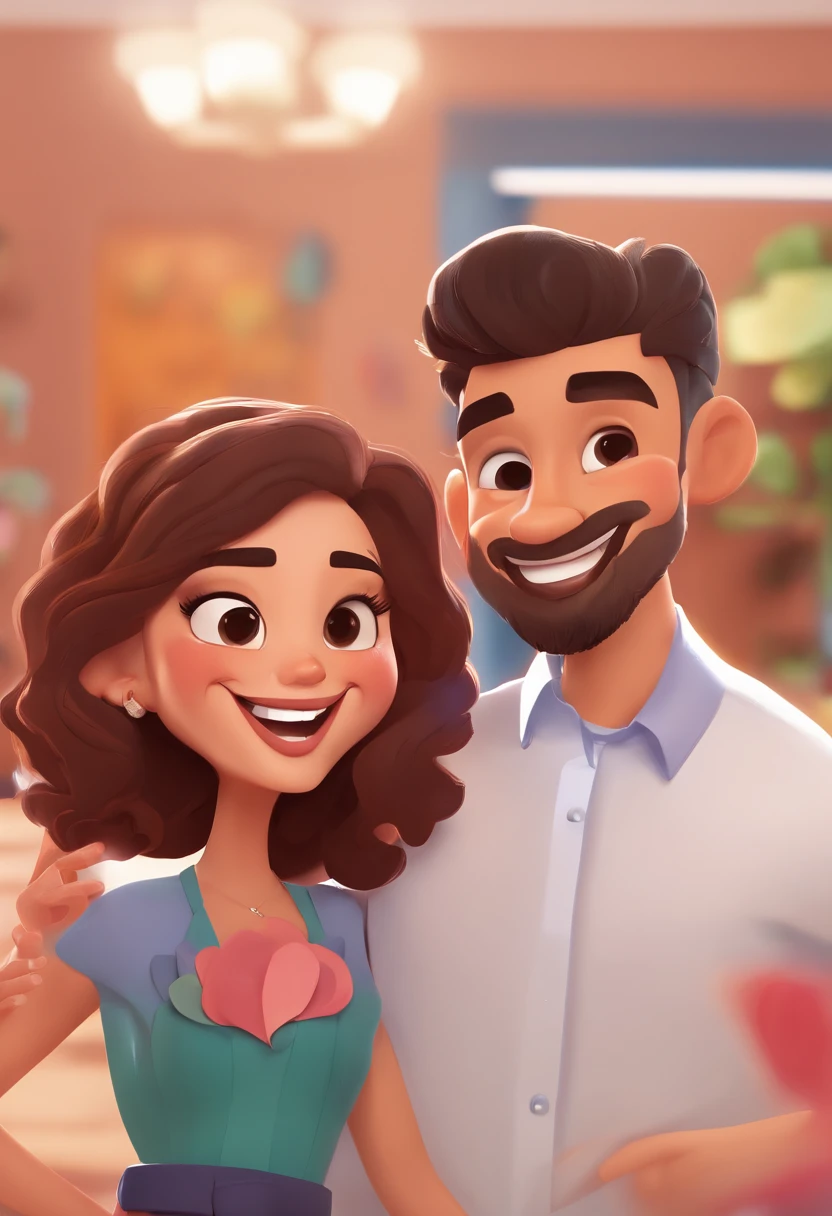 An illustration of an adorable couple, Highlight for a chubby mulatto man with smiling glasses and a brunette woman with beautiful expressive eyes - the man's skin is mulatto and the man's hair has, while the woman's skin is black and the woman's hair is straight and brown. They are a bright room, cada um com um sorriso no rosto, e compartilhar um momento especial caracterizado pelo amor, Insights. Illustrate this scene from a perspective where they are facing the camera, Smiling and Showing Your Connection. Desenvolva esta arte em Full HD, Focus on your cinematic touch, Estilo Disney Pixar Animations