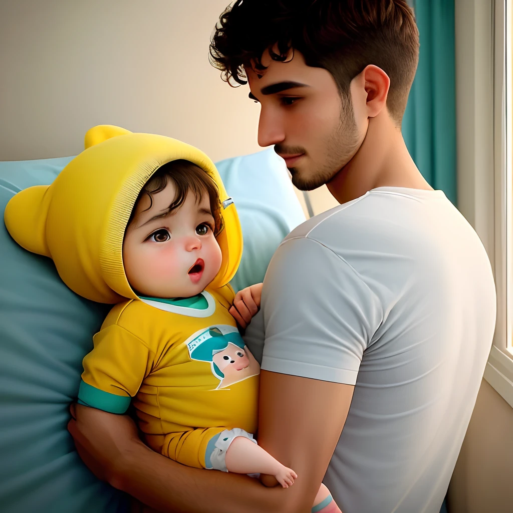 Um casal jovem sendo um homem branco e uma pessoa parda segurando um bebe num quarto infantil amarelo