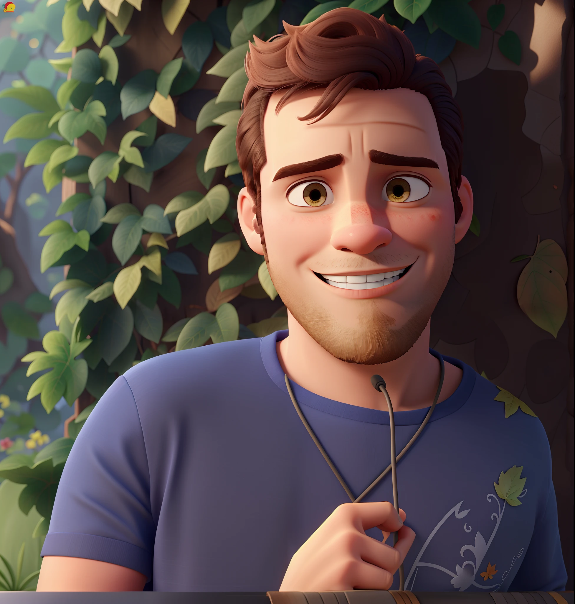 Um homem estilo disney pixar, Leaf wall behind, cabelo loiro, alta qualidade, melhor qualidade