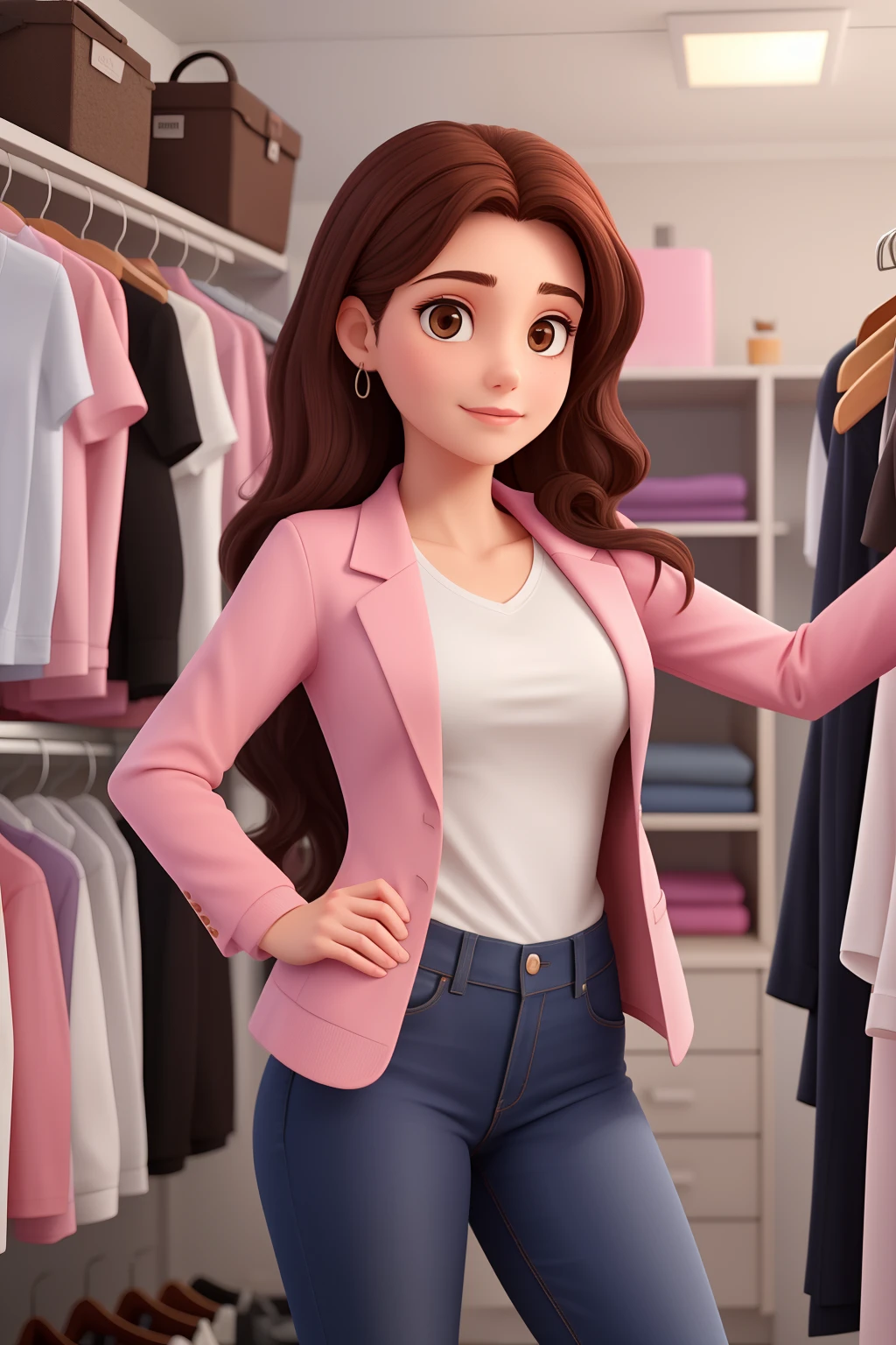 A woman working in the women's closet The woman with dark brown hair Wearing a blazer Pink jeans and white t-shirt