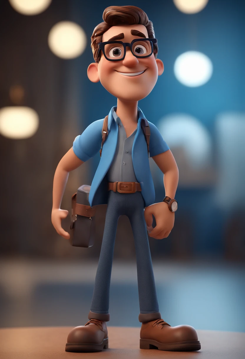 Cartoon character of a man with black glasses and a blue shirt, animation character, Caractere estilizado, animation style rendering, 3D estilizado, Arnold Maya render, 3 d render stylized, toon render keyshot, Personagem 3D, Personagem 3D, 3d rendering stylized, 3 d character render, personagem de desenho animado, Personagem de close up, Pose de personagem,  (Estilo Pixar) (master part:1.2) (Bokeh) (best quality) (pele detalhada) (textura detalhada) (8k) (argila) (Cinematic lighting) (foco nítido