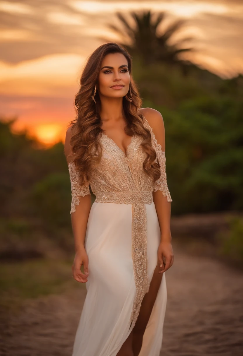 Mulher brasileira, cabelo castanho claro. Na frente, por do sol ao fundo