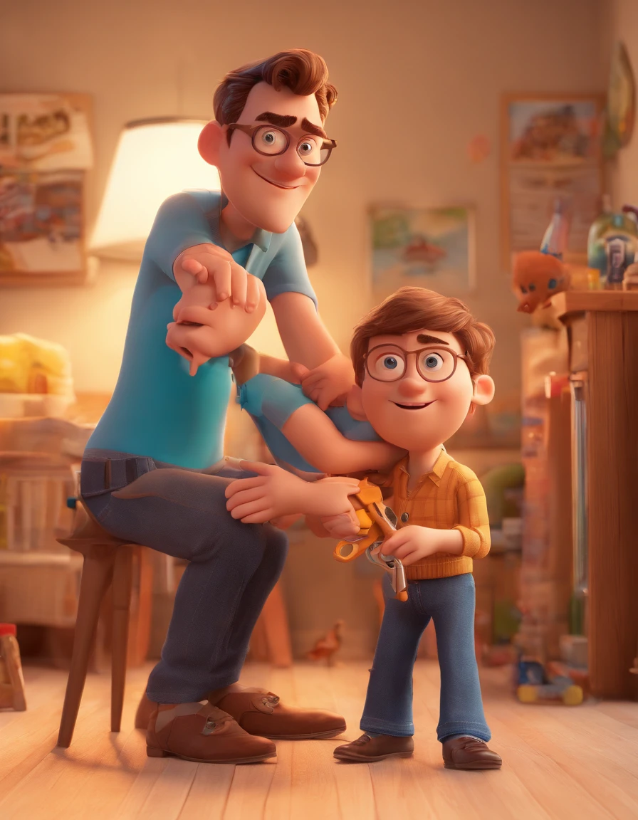Estilo Pixar: The grown man is holding a naked blue-eyed boy and in his other hand he is holding a pair of scissors and is trying to cut off the boy's testicles,3D Poster,Disney