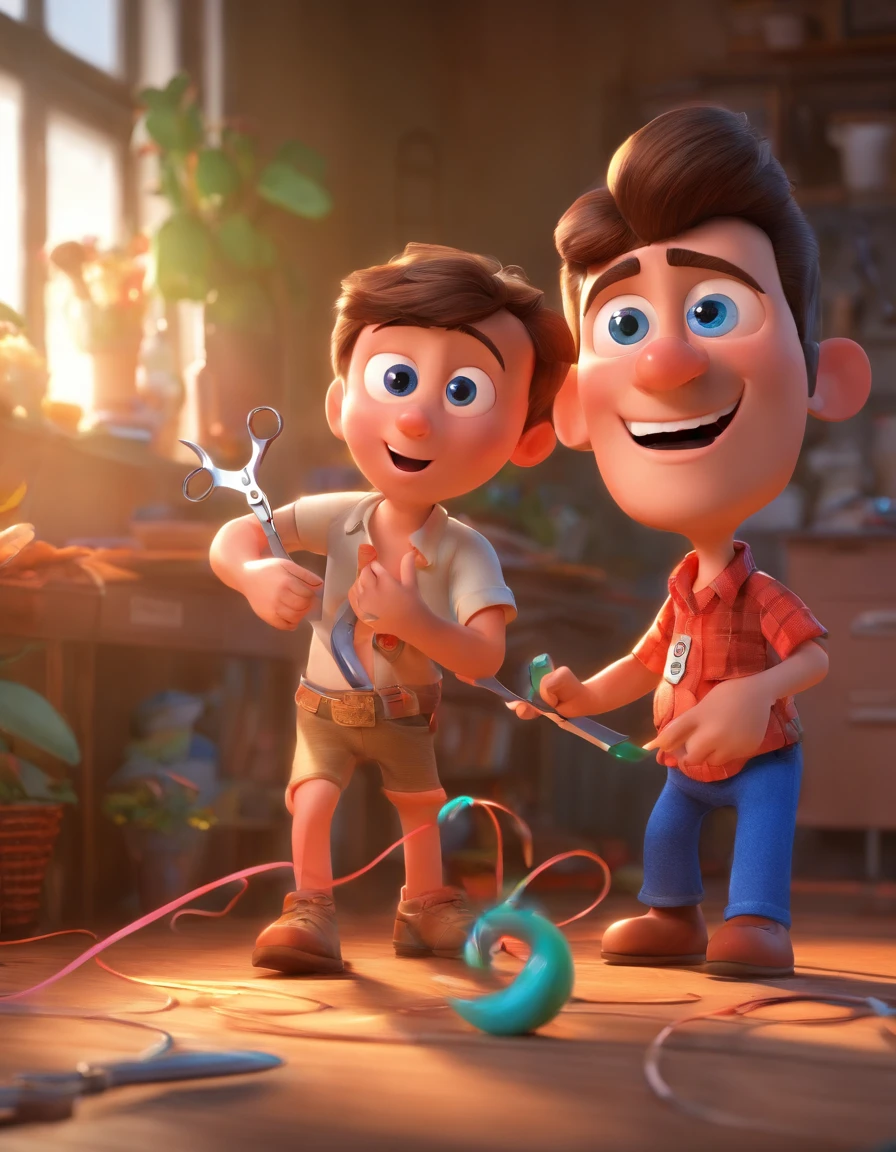 Estilo Pixar: The grown man is holding a naked blue-eyed boy and in his other hand he is holding a pair of scissors and is trying to cut off the boy's testicles,3D Poster,Disney