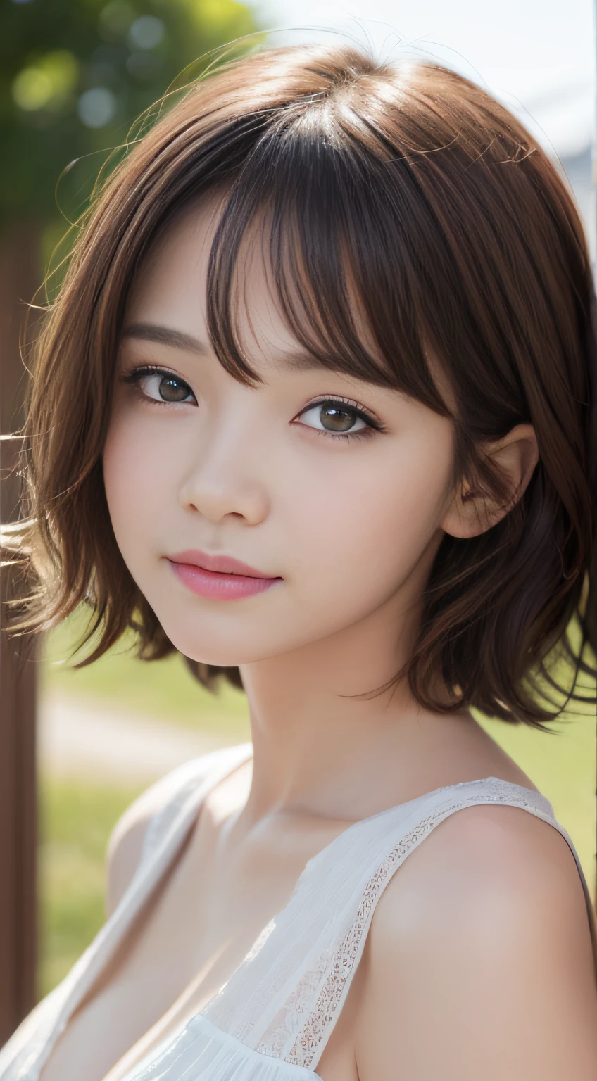 ((High resolution))、A small, beautiful woman with a round face, drawn in great detail、(Looks like Ayase Haruka:1.6)、((Plump Cheeks、Rounded chin、Large, wide, almond-shaped double eyelids:1.6、Sparkling Eyes、A small, neat nose、Small lips with softly curved smiling corners、Naturally arched, slightly thin eyebrows))、Clear and bright skin、Large earrings:1.6、Healthy shine、(Short or bob hairstyles with soft, natural volume)、((Natural light、Studio-quality lighting、Blur the background to make the subject stand out、Extremely fine details and realistic textures))、((Bewitching Charm:1.8、Reddish lips:1.3、A little dark eye makeup:1.7、Glamorous Dress、Slightly tousled hair))