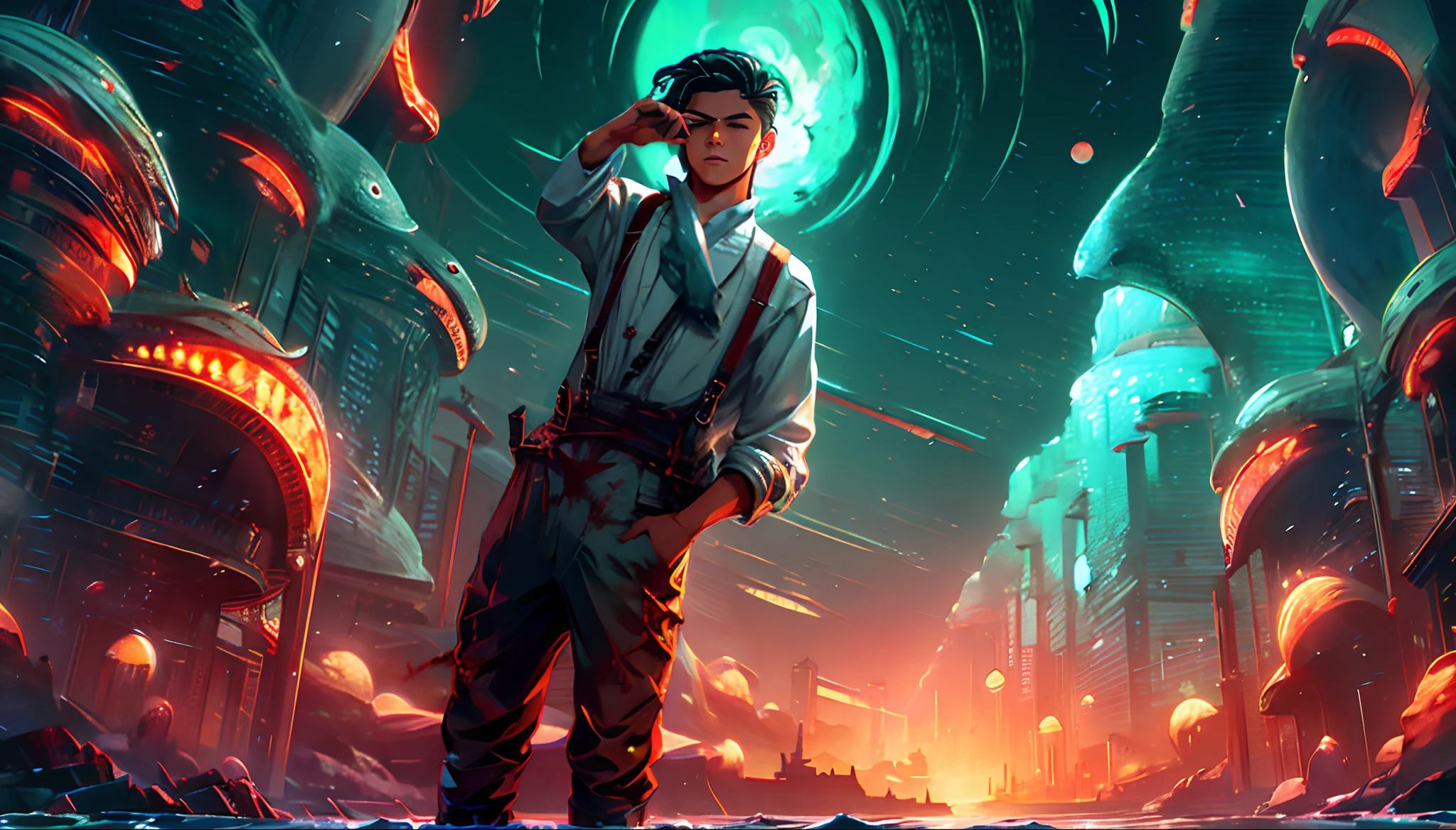 sea surface,whales,starrysky,Blood Moon,meteors,aurora borealis,middle parted hairstyle,Suspenders, student