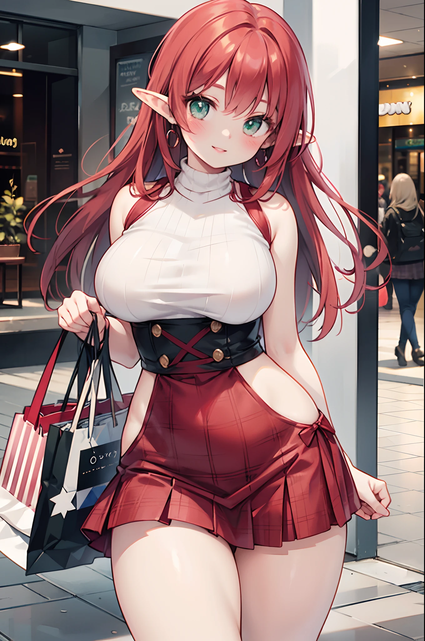 Realistic and detailed image of an elf. Dressed in a long sweater, sleeveless, no neckline. Pleated plaid mini skirt. Unusually shiny long silky scarlet red hair. green eyes. She has earrings and long eyelashes. Has full lips. Large breasts, slim waist, very wide hips and thick thighs. Smiling. Arched back. Posing sensually. Shopping. Shopping mall. Volumetric light. Ambient light.