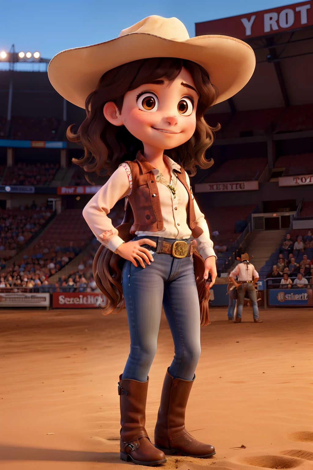 Imagine a girl with medium wavy dark brown hair at the rodeo watching a country show