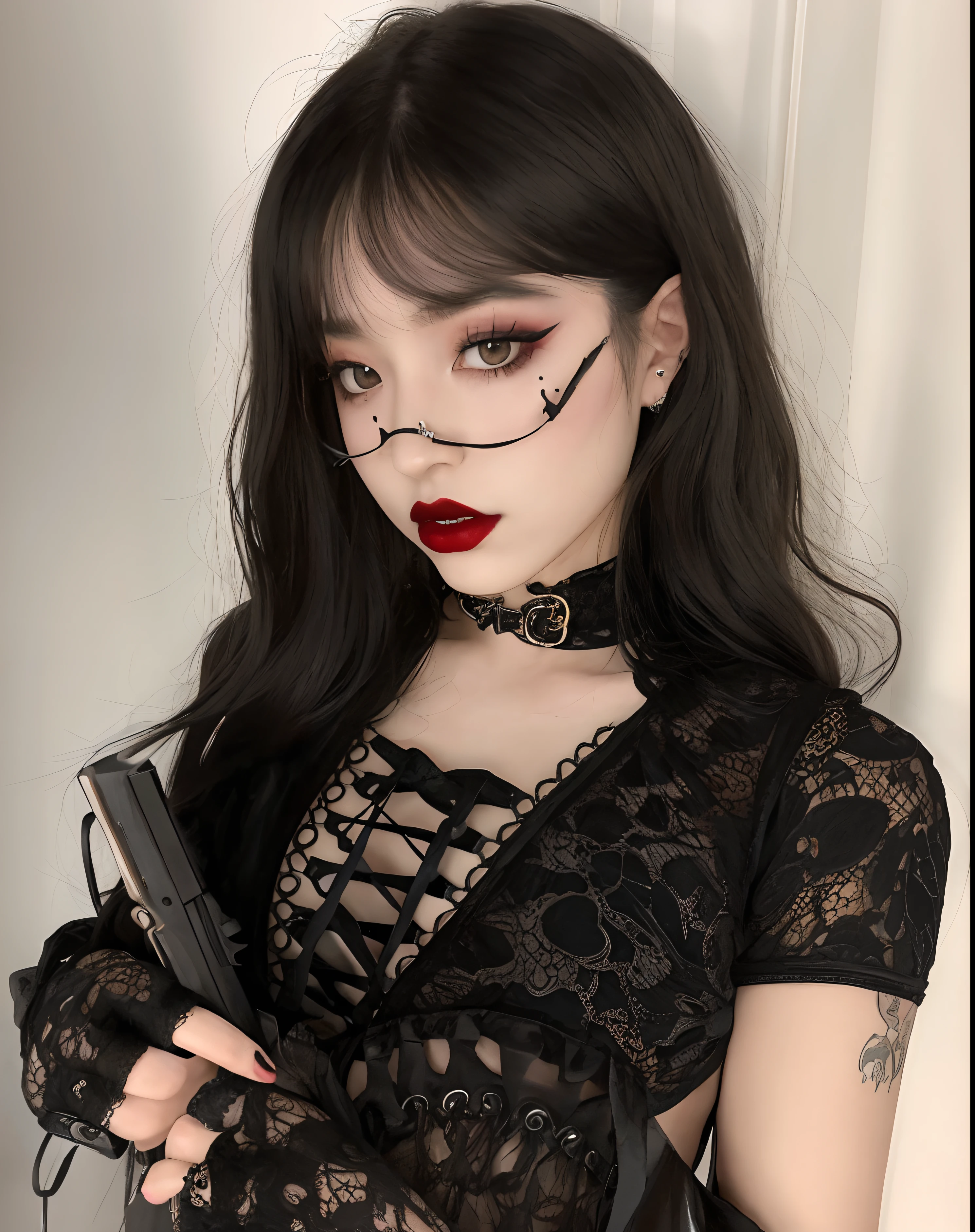 there is a woman with a cigar in her mouth and a tattoo on her arm, cruel korean goth girl, goth girl smoking, ulzzang, artwork in the style of guweiz, cigar, goth girl smoking a cigar, Guweiz, kanliu666, with cigar, pale gothic beauty, anime girl in real life