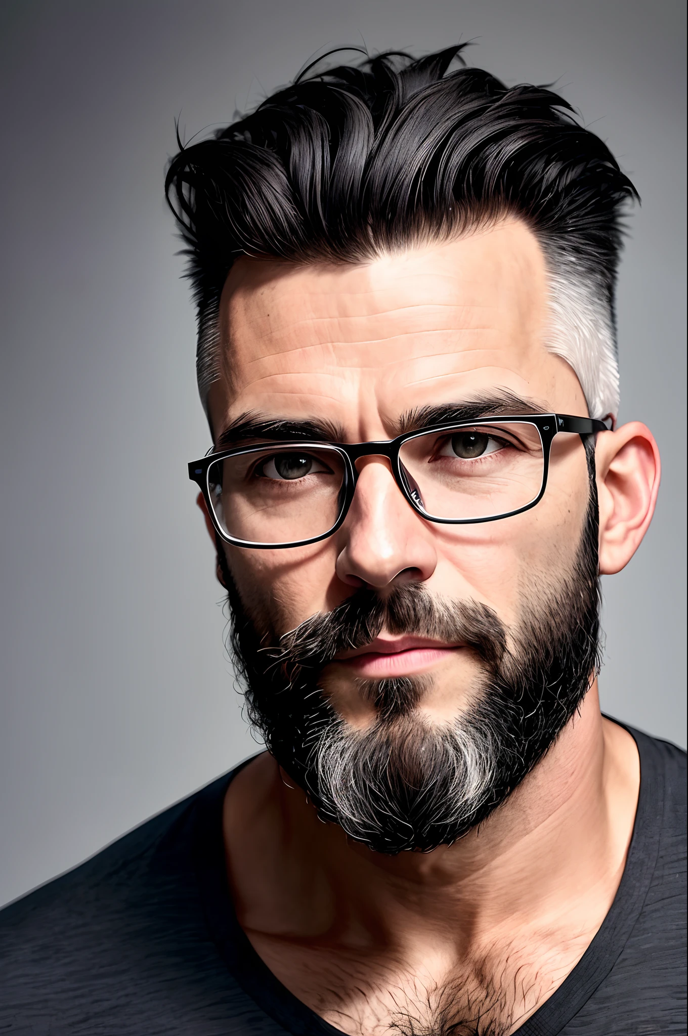 43-year-old man with very short dark gray hair on sides and a high spiky top, a long forehead, white skin small nose and small eyes, black- dark gray middle-sized beard and rectangular glasses with a thick black rim