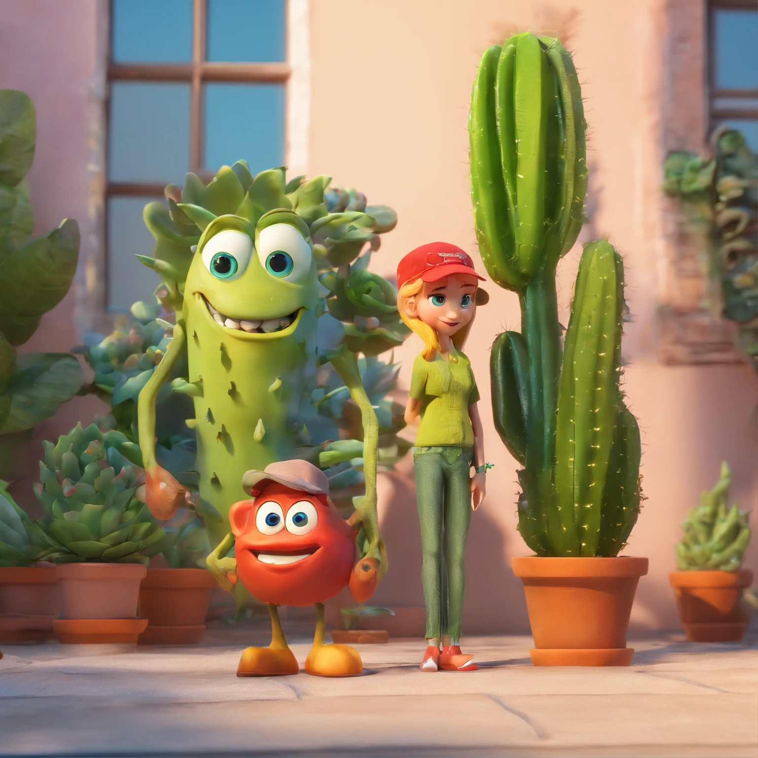 Crie um cartaz inspirado na Disney Pixar com o personagem sendo um casal homem e mulher,em um jardim com muitos cactos e suculentas